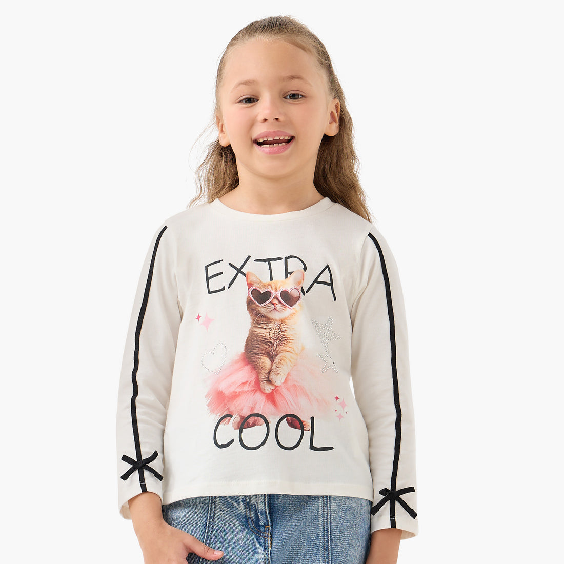 Juniors Cat Print Top with Bow Accents - White / 1-2 yrs