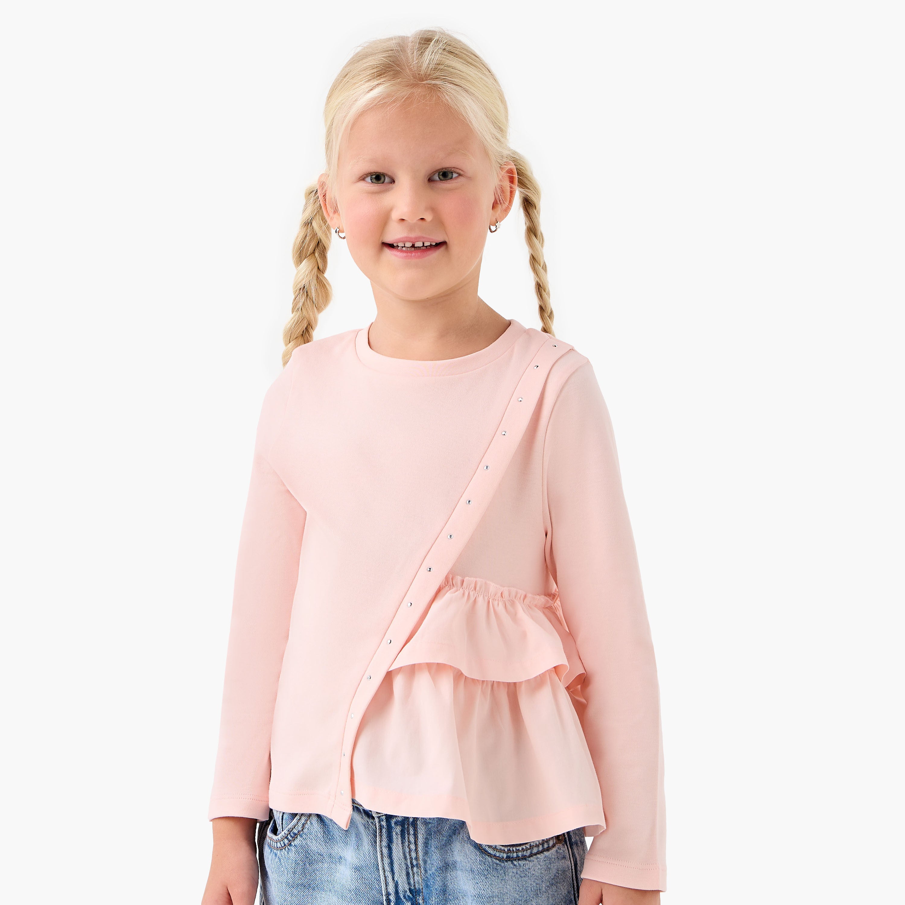 Juniors Girls Crew Neck T-shirt with Ruffle Detail - Cotton - Long Sleeves - Pink / 1-2 yrs
