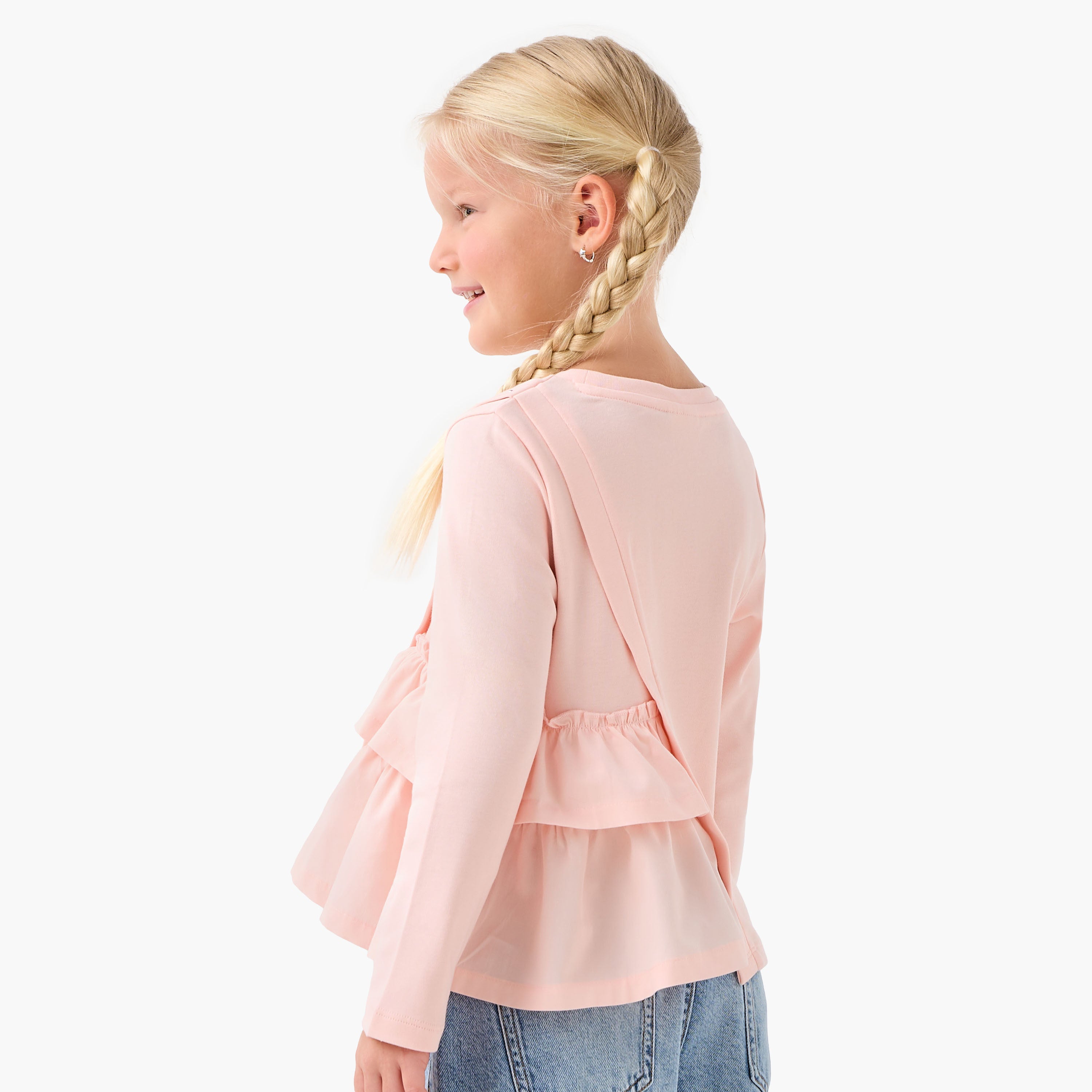Juniors Girls Crew Neck T-shirt with Ruffle Detail - Cotton - Long Sleeves