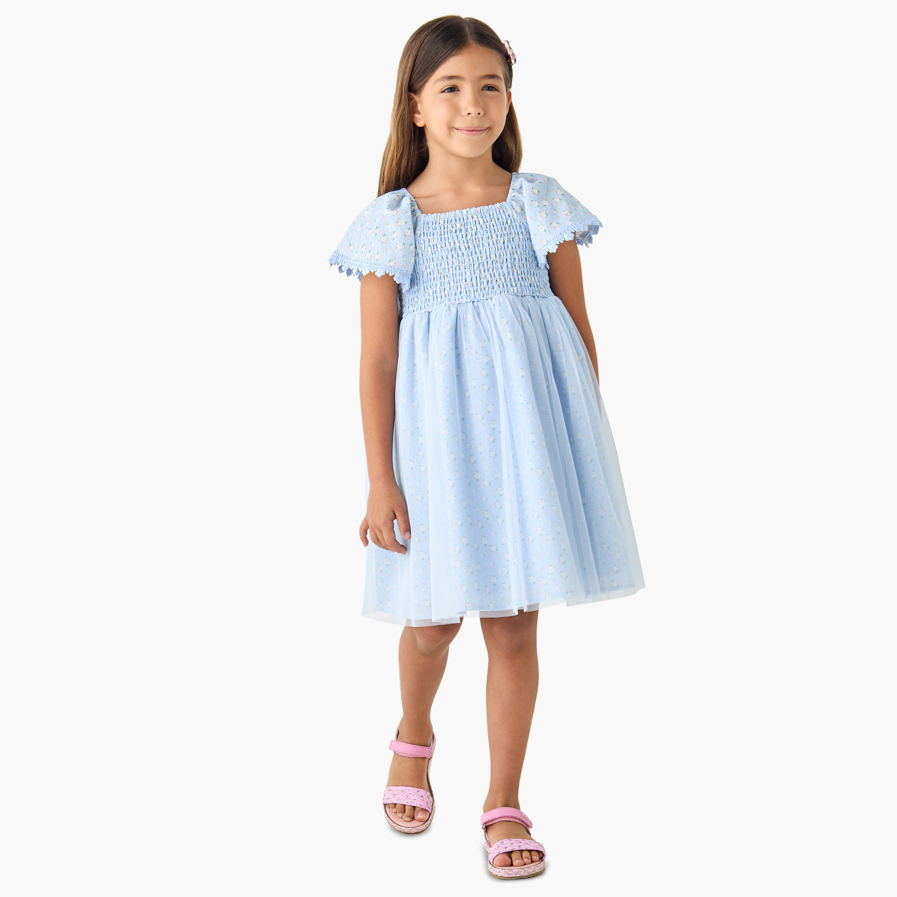 Juniors Floral Print A-line Dress with Square Neck and Smocked Detail