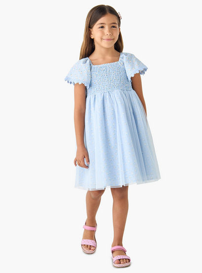 Juniors Floral Print A-line Dress with Square Neck and Smocked Detail-girls-clothing-dressesandjumpsuits-image-2