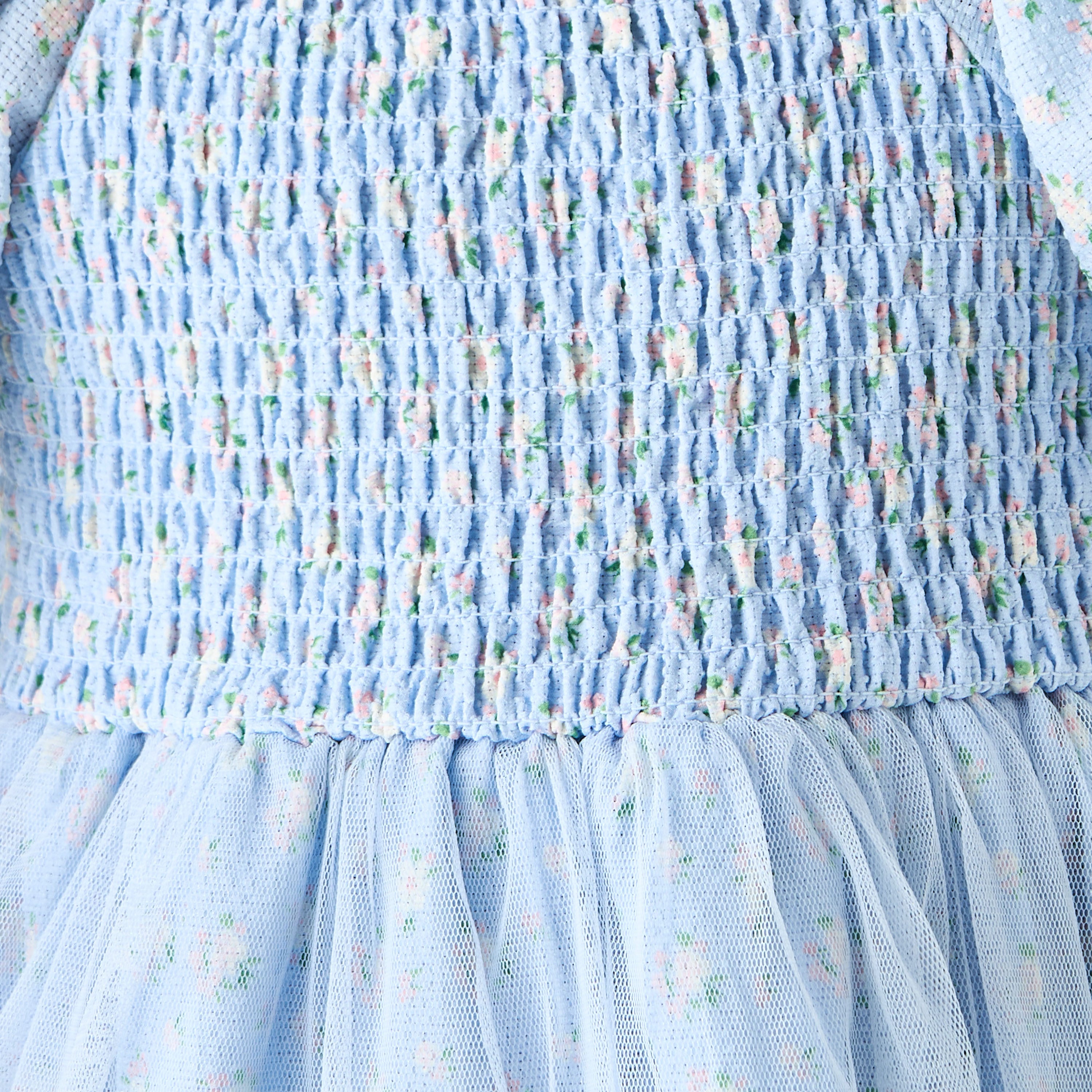 Juniors Floral Print A-line Dress with Square Neck and Smocked Detail