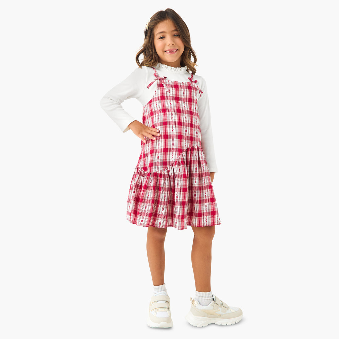 Juniors Piecrust Neck Top with Pinafore Dress