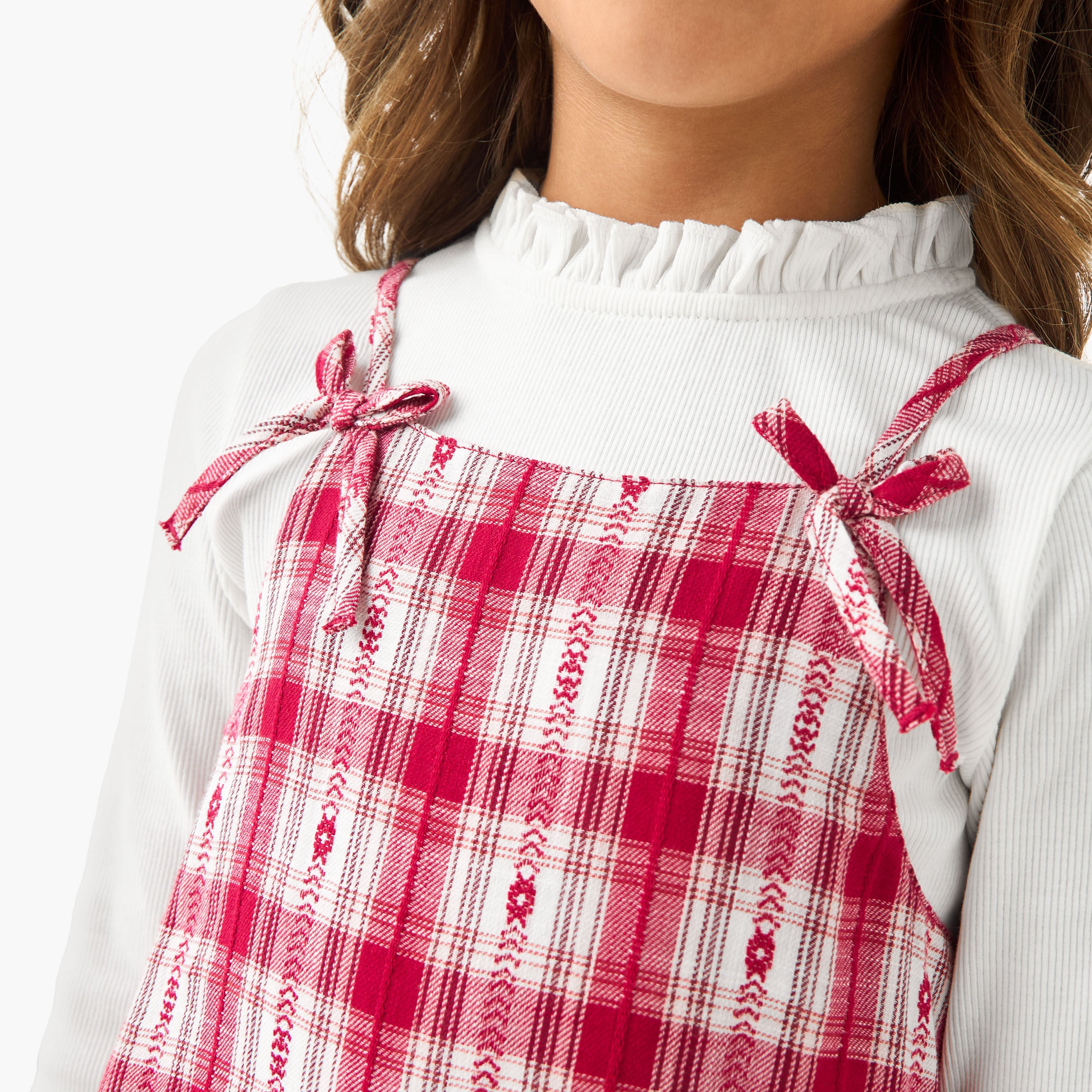 Juniors Piecrust Neck Top with Pinafore Dress
