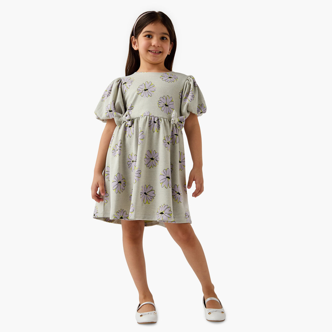 Juniors Bow Accent A-Line Dress with Puff Sleeves
