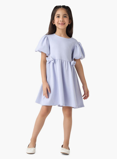 Juniors Bow Accent A-Line Dress with Puff Sleeves-girls-clothing-dressesandjumpsuits-image-2