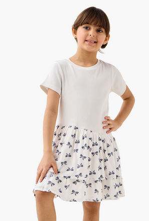 Juniors Bow Print Drop Waist Dress with Short Sleeves