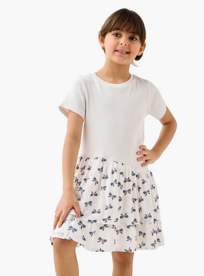 Juniors Bow Print Drop Waist Dress with Short Sleeves-girls-clothing-dressesandjumpsuits-image-1