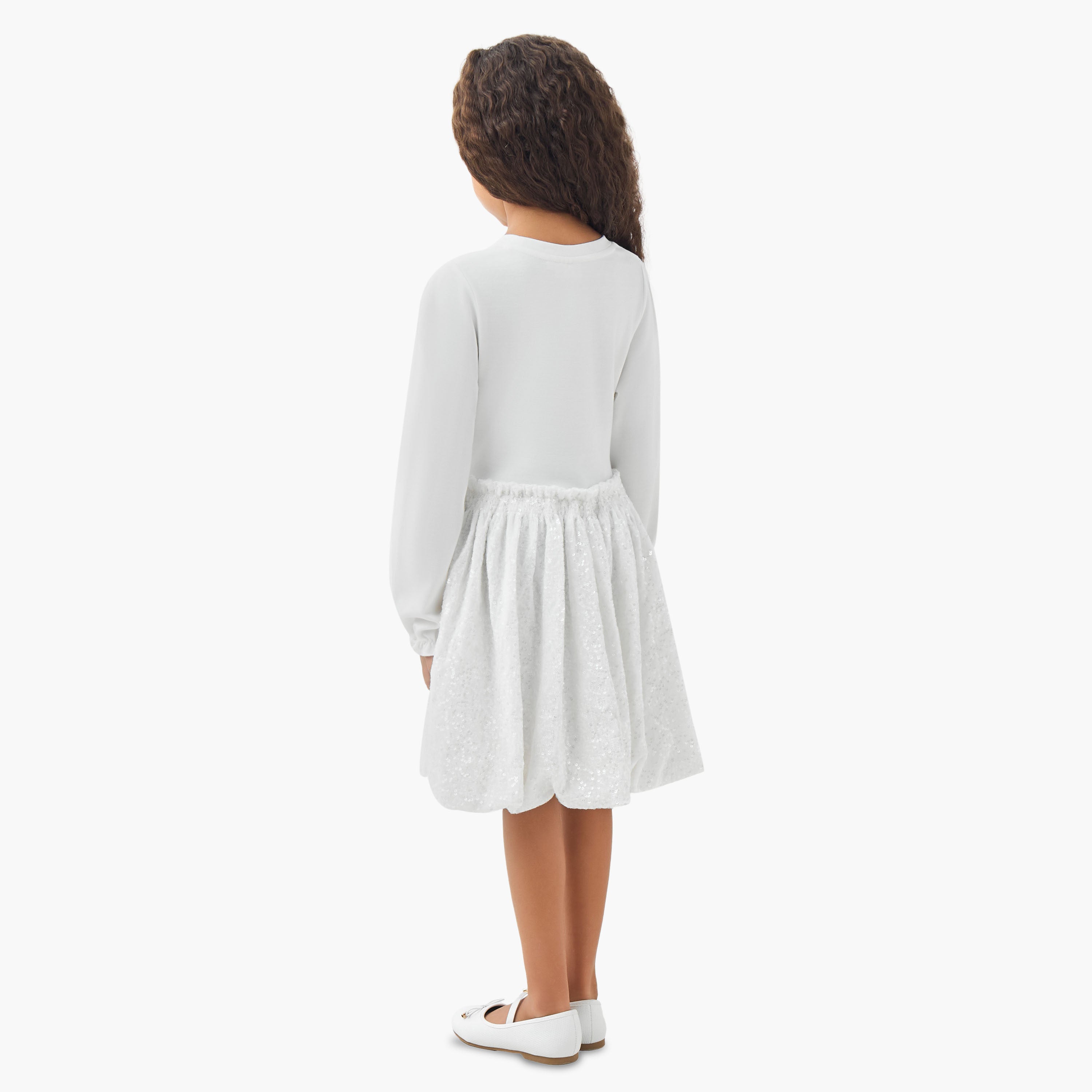 Juniors Round Neck Long Sleeves Knee Length Dress with Sequin Detail