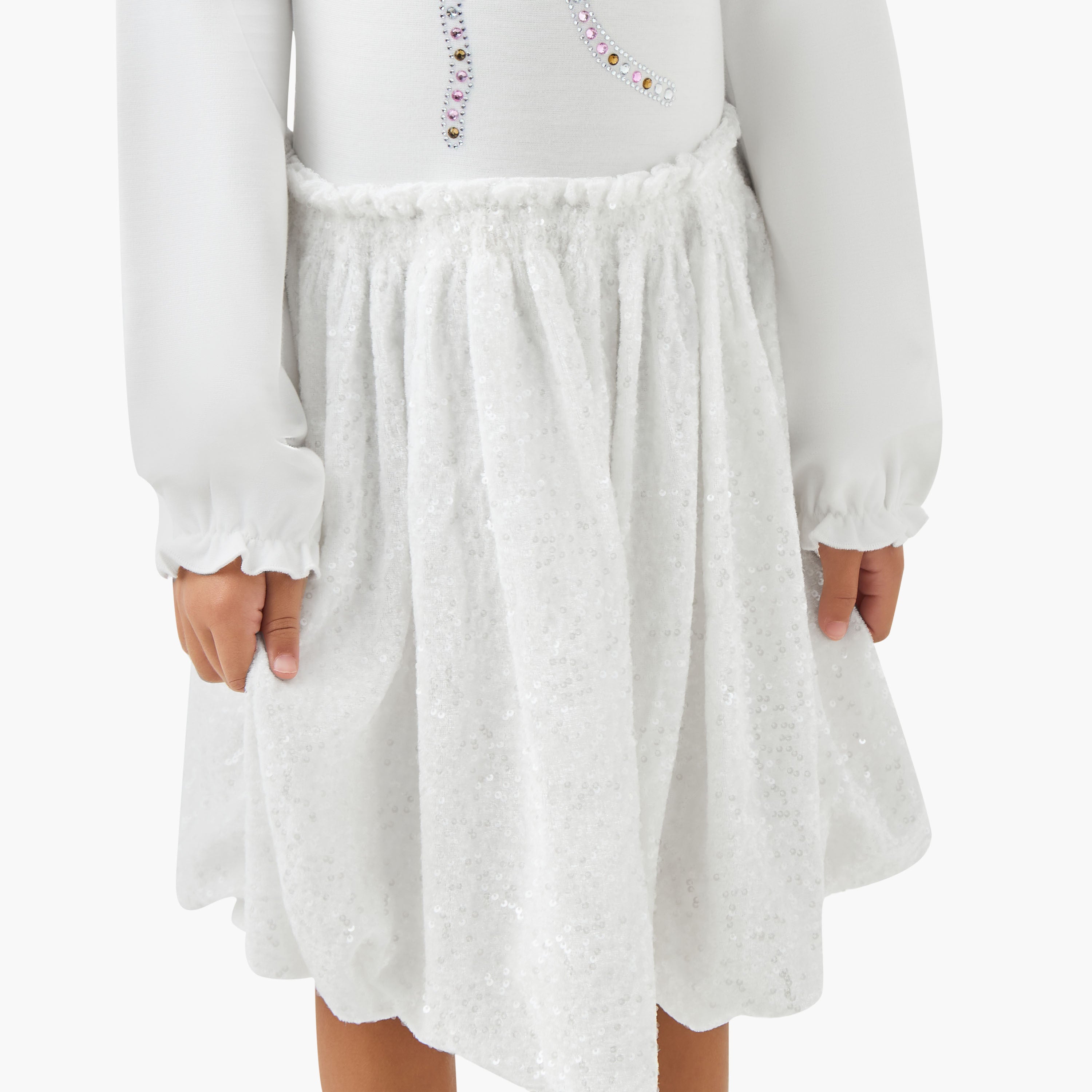 Juniors Round Neck Long Sleeves Knee Length Dress with Sequin Detail