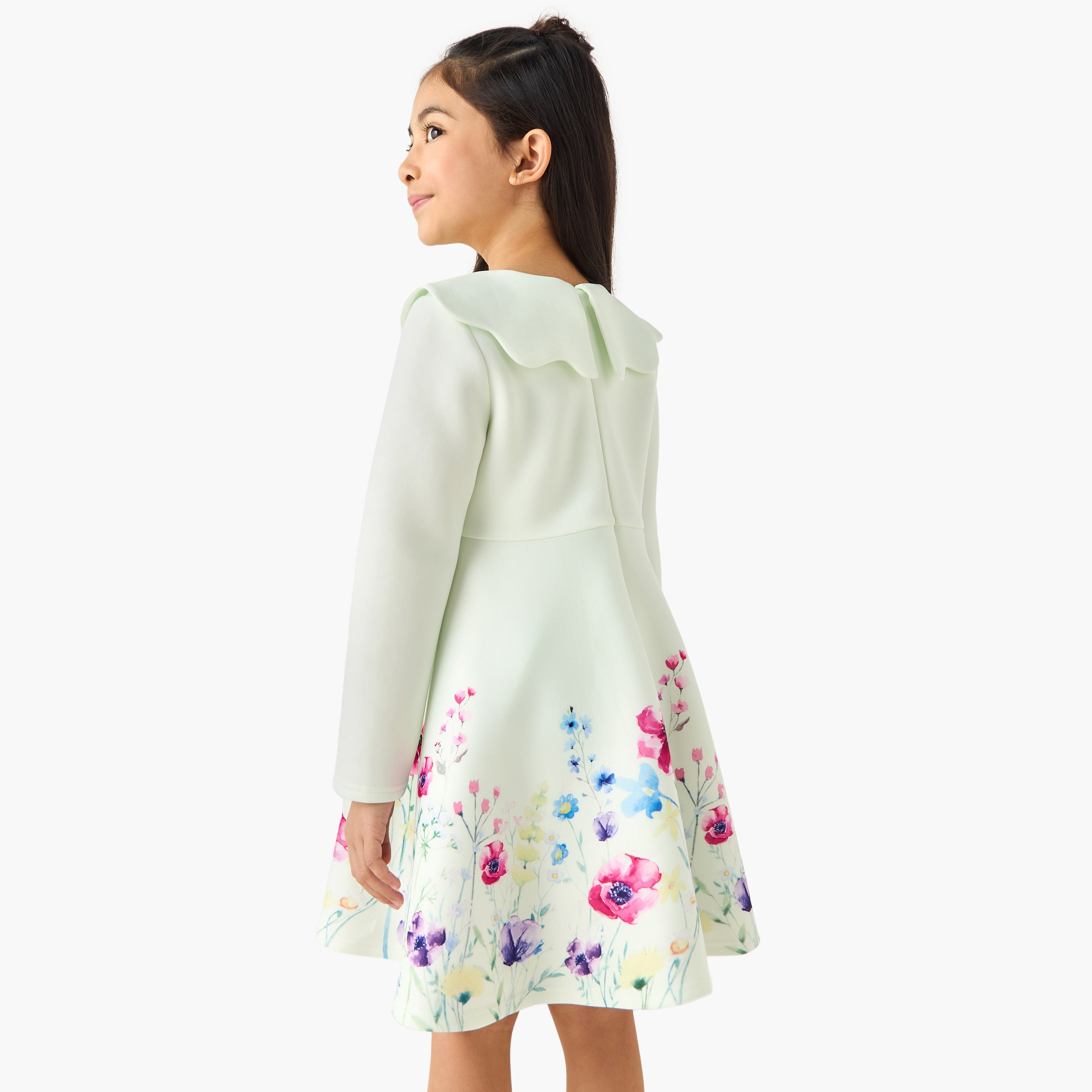 Juniors Round Neck Long Sleeves Knee Length Dress with Floral Print
