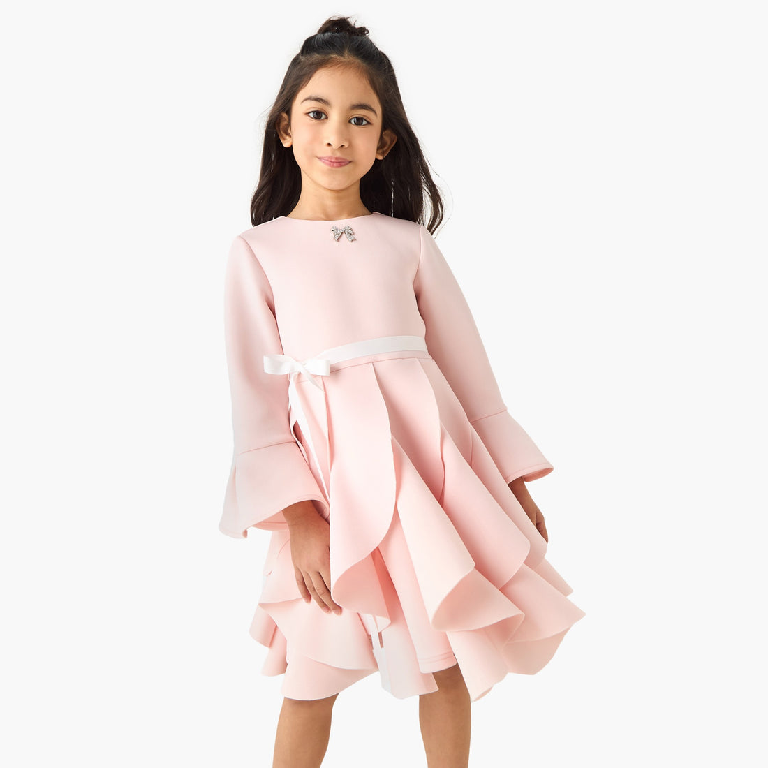 Juniors Round Neck Long Sleeves Knee Length Dress with Ruffles - Pink / 3-4 yrs