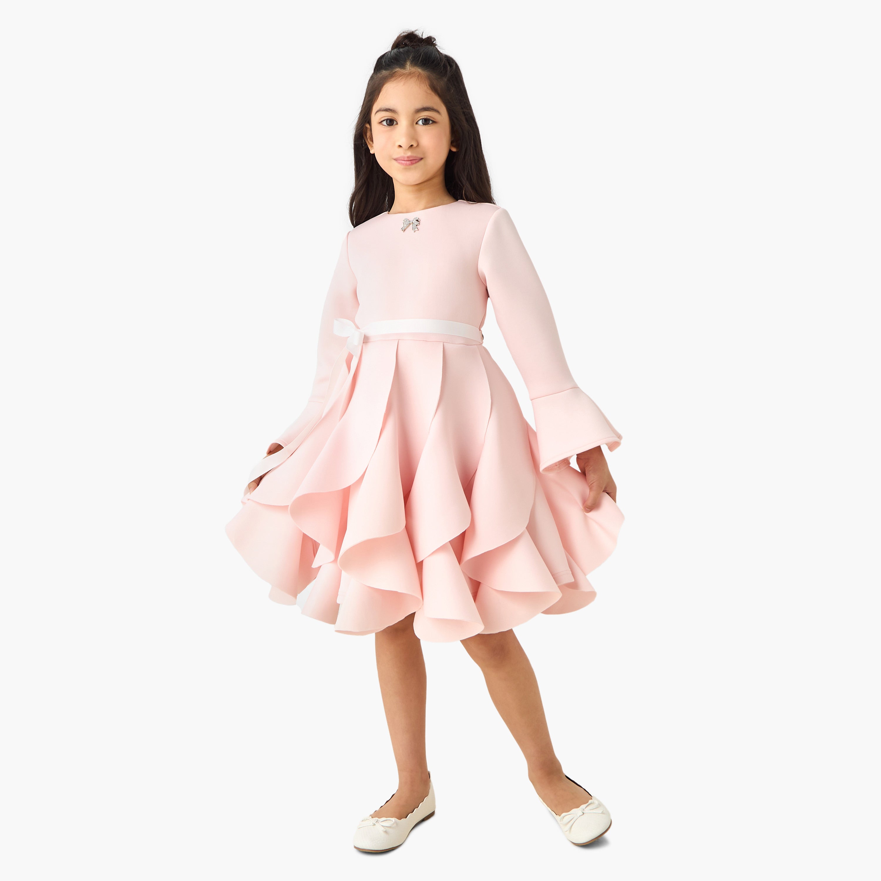 Juniors Round Neck Long Sleeves Knee Length Dress with Ruffles