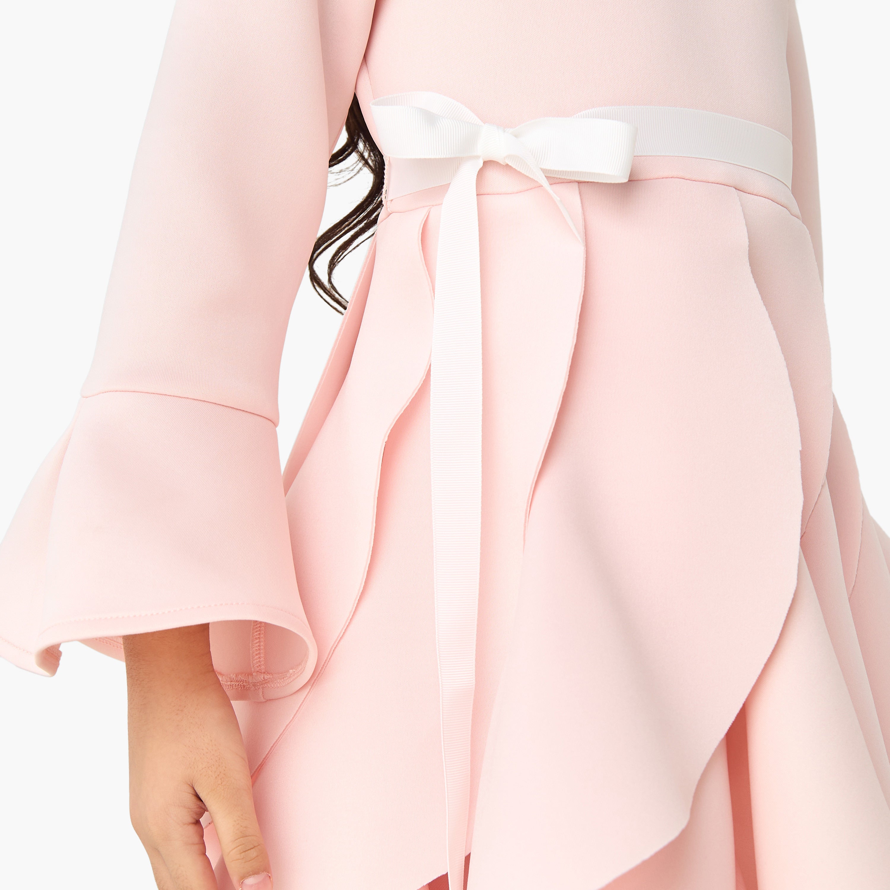 Juniors Round Neck Long Sleeves Knee Length Dress with Ruffles