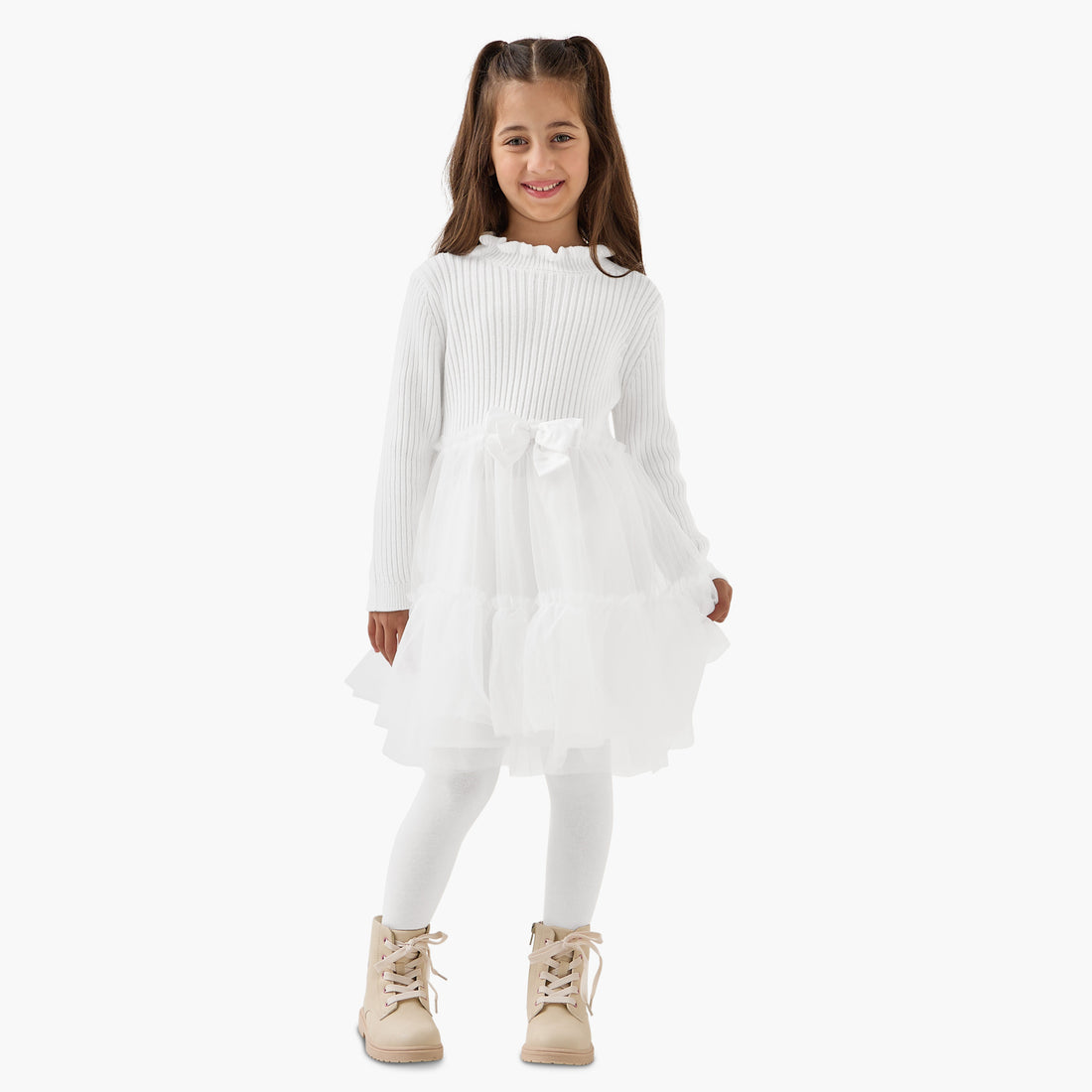 Juniors Ribbed Tulle Dress with Tights - White / 2-3 yrs
