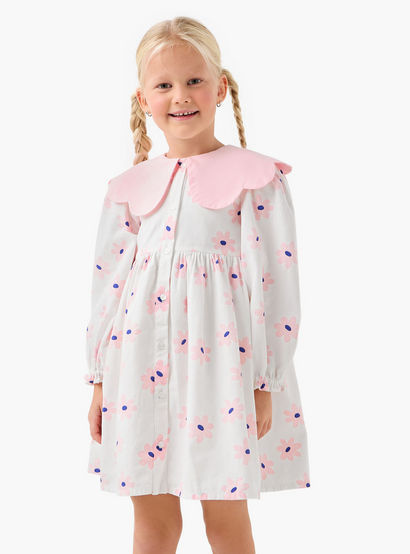 Juniors Peter Pan Collar Long Sleeves Knee Length Dress with Heart Print-girls-clothing-dressesandjumpsuits-image-1