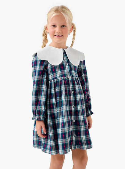 Juniors Peter Pan Collar Long Sleeves Knee Length Dress with Heart Print-girls-clothing-dressesandjumpsuits-image-1