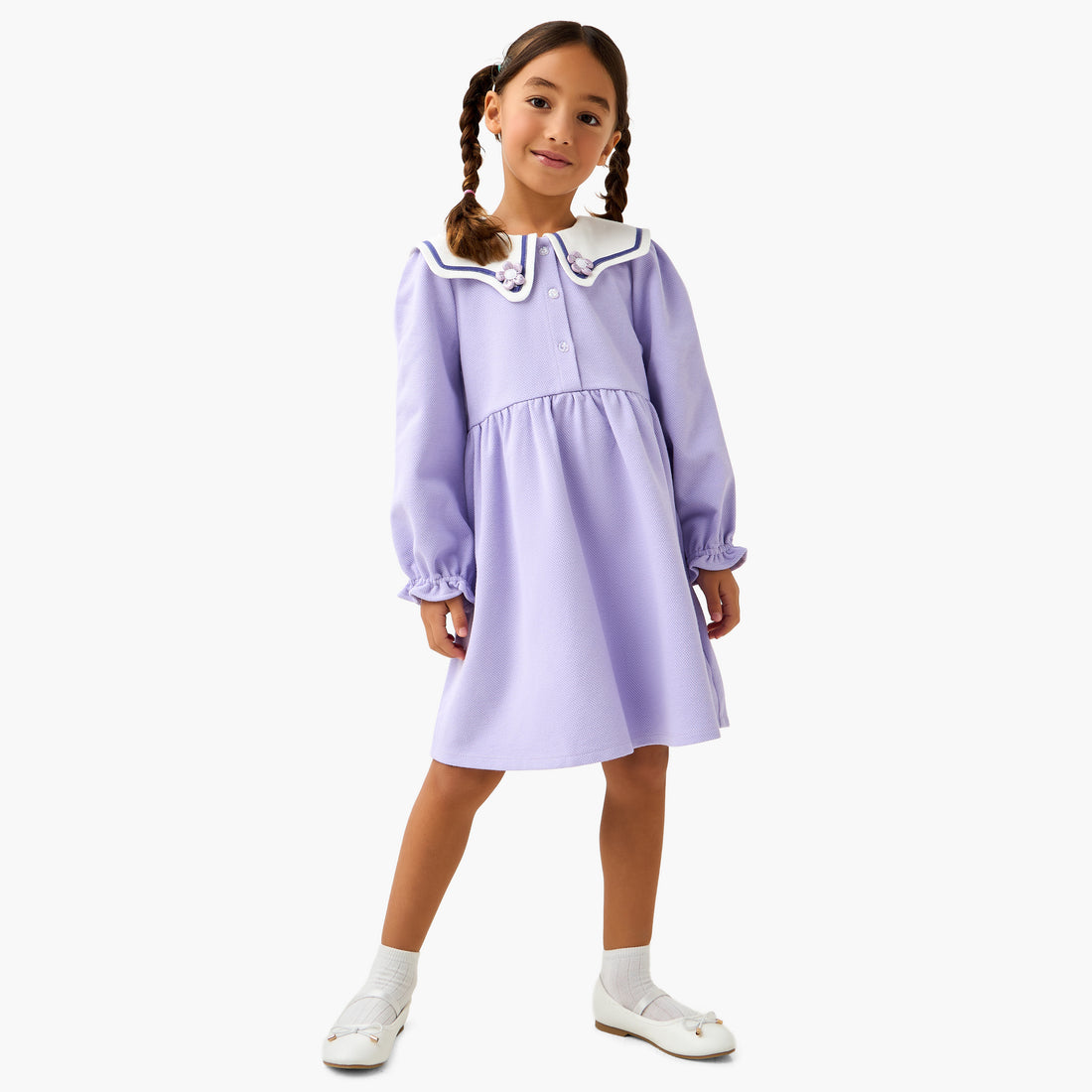 Juniors Sailor Collar Long Sleeves Dress with Floral Applique