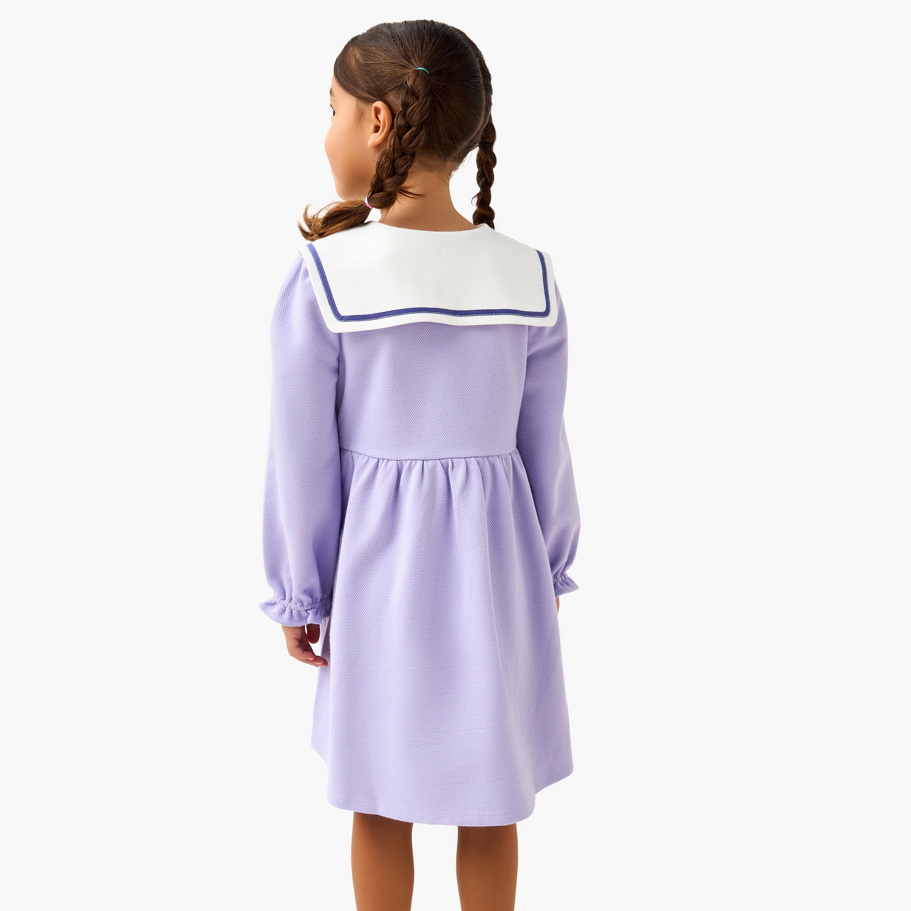 Juniors Sailor Collar Long Sleeves Dress with Floral Applique