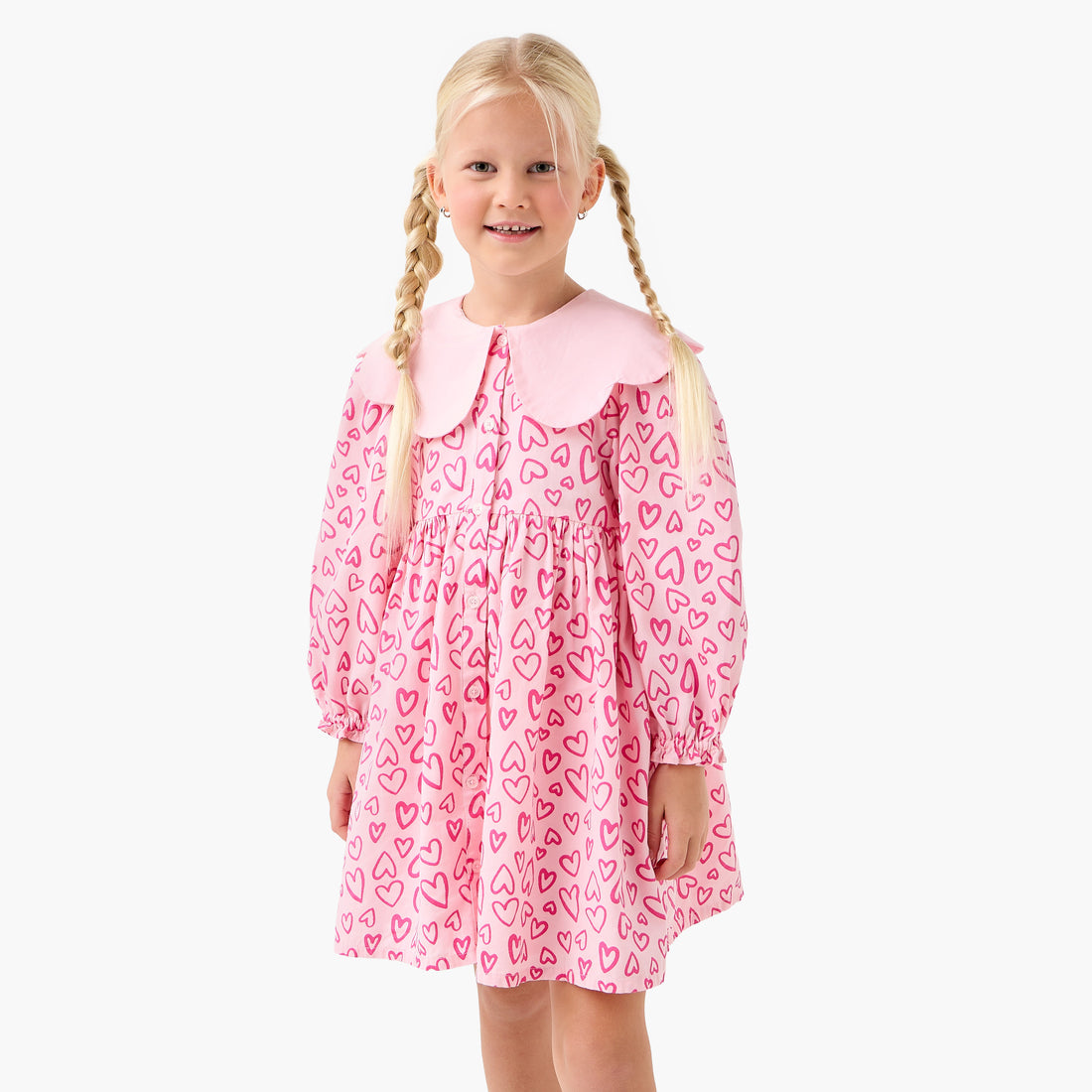 Juniors Peter Pan Collar Long Sleeves Knee Length Dress with Heart Print - Pink / 5-6 yrs