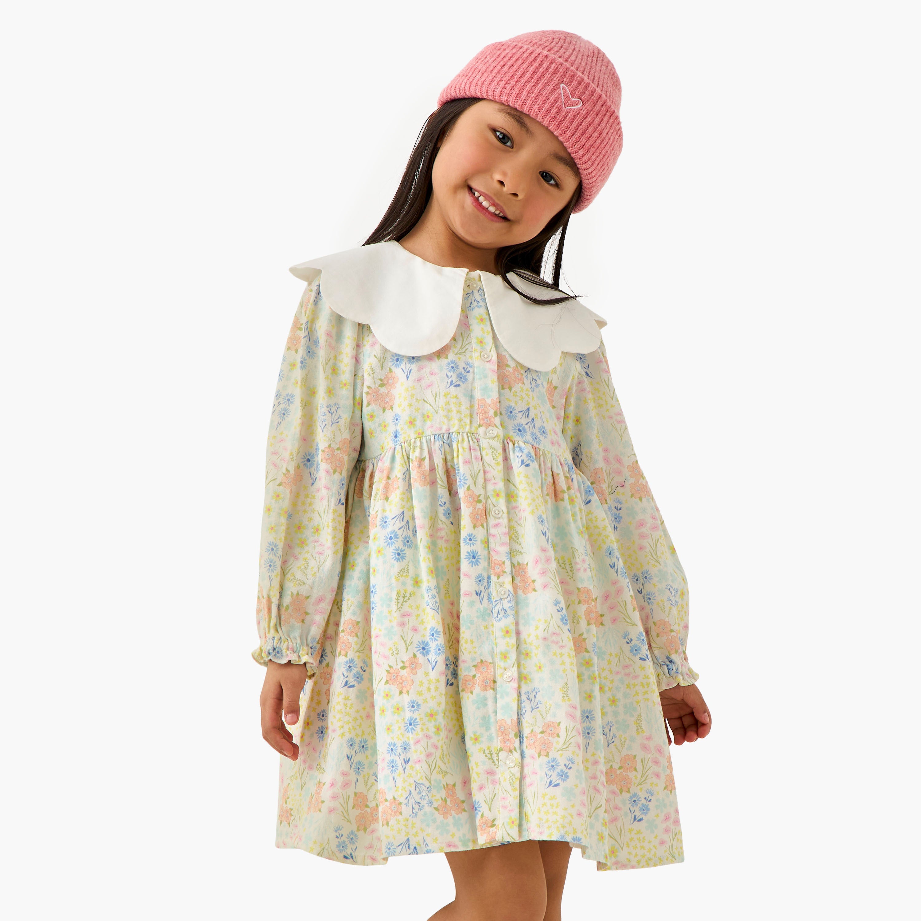 Juniors Peter Pan Collar Long Sleeves Dress with Floral Print - Green / 1-2 yrs