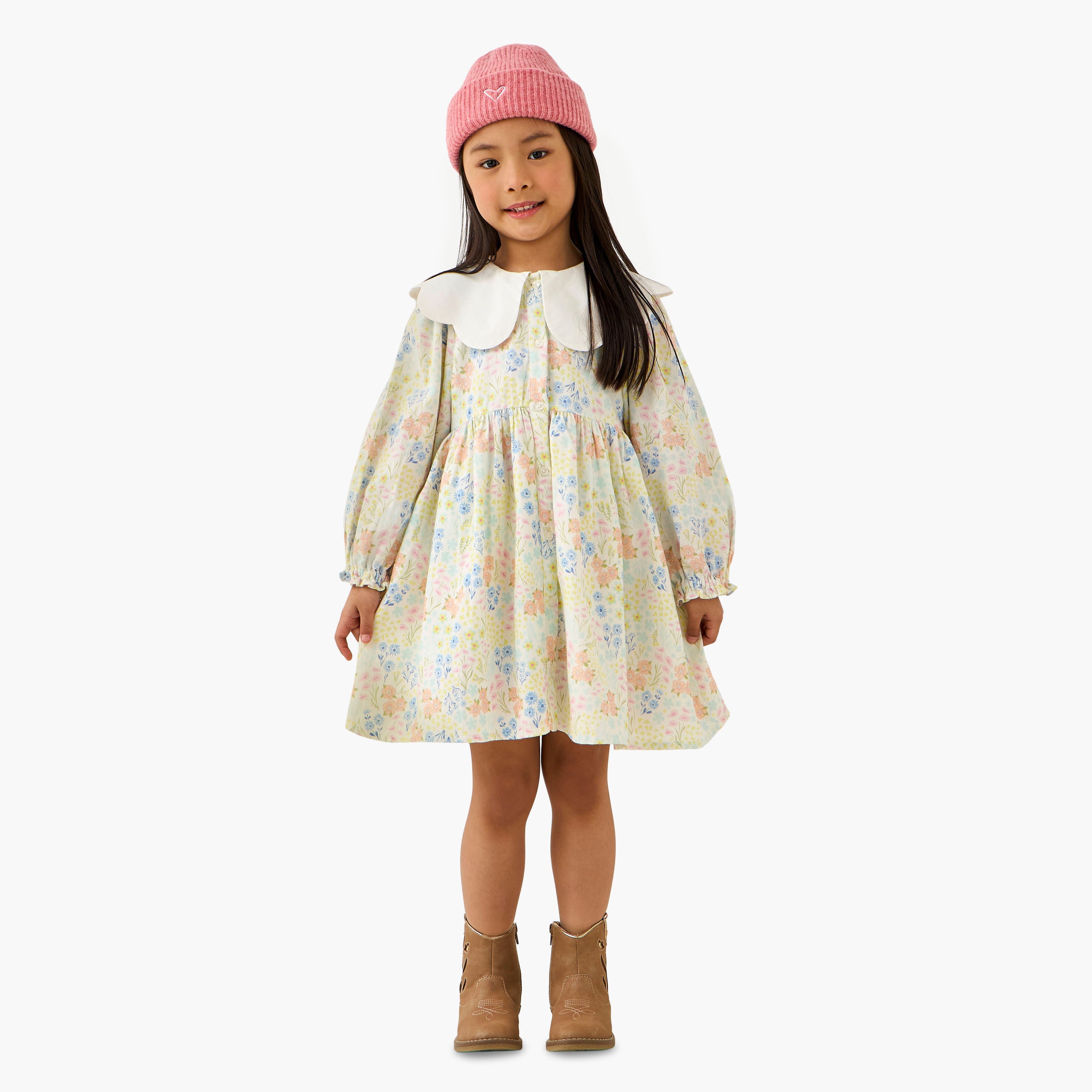 Juniors Peter Pan Collar Long Sleeves Dress with Floral Print