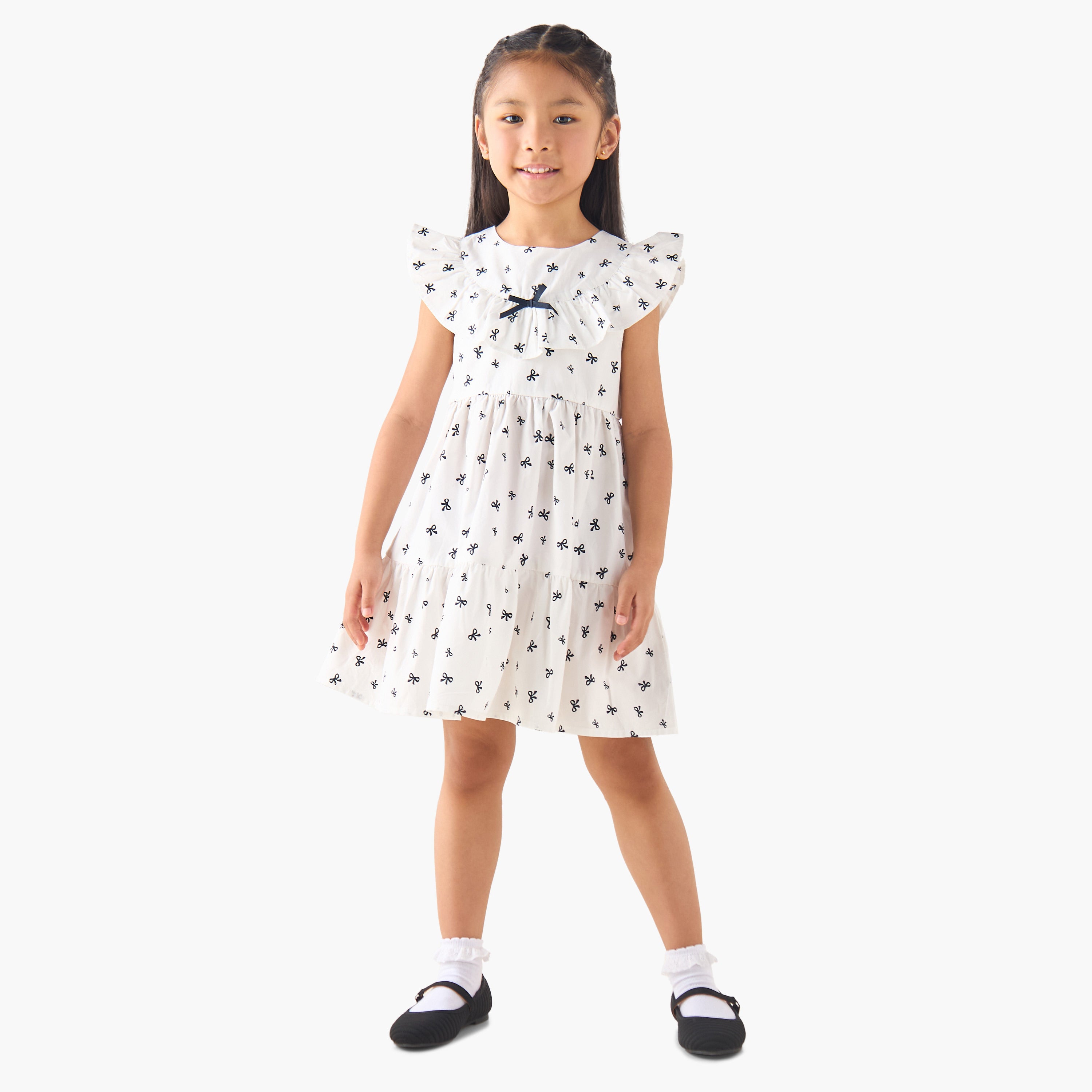 Juniors Round Neck Cap Sleeves A-line Dress with Bow Print