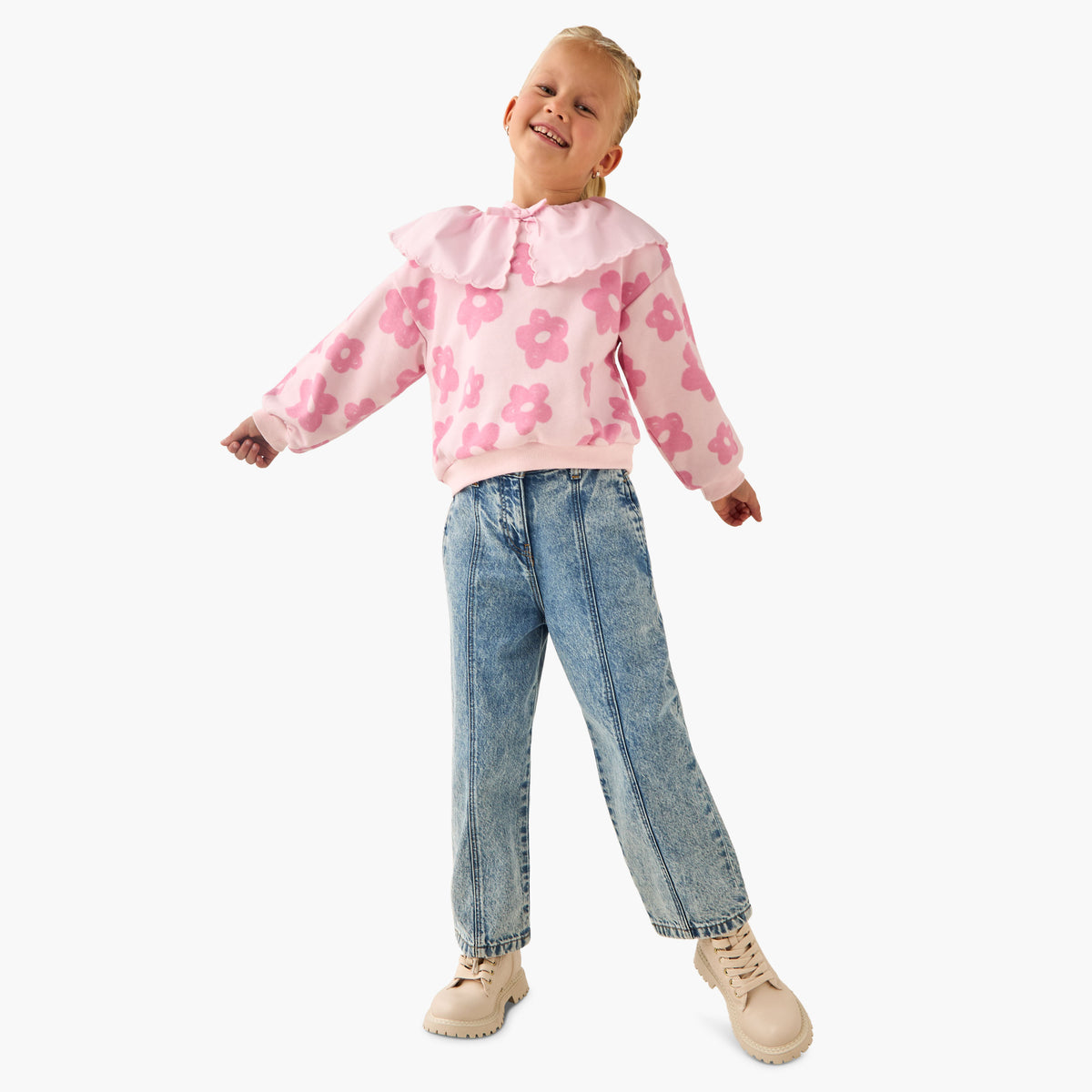 Juniors Girls Peter Pan Collar Sweatshirt with Floral Print - Long Sleeves