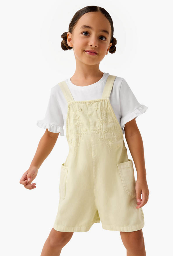 Juniors Solid T-shirt and Embroidered Dungaree Set