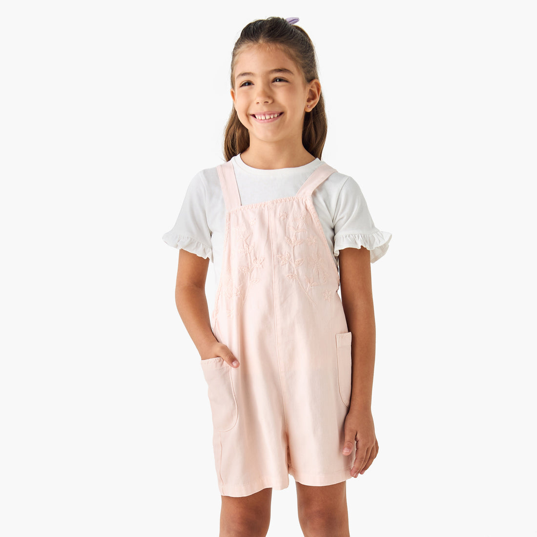 Juniors Solid T-shirt and Embroidered Dungaree Set - Multicolour / 4-5 yrs