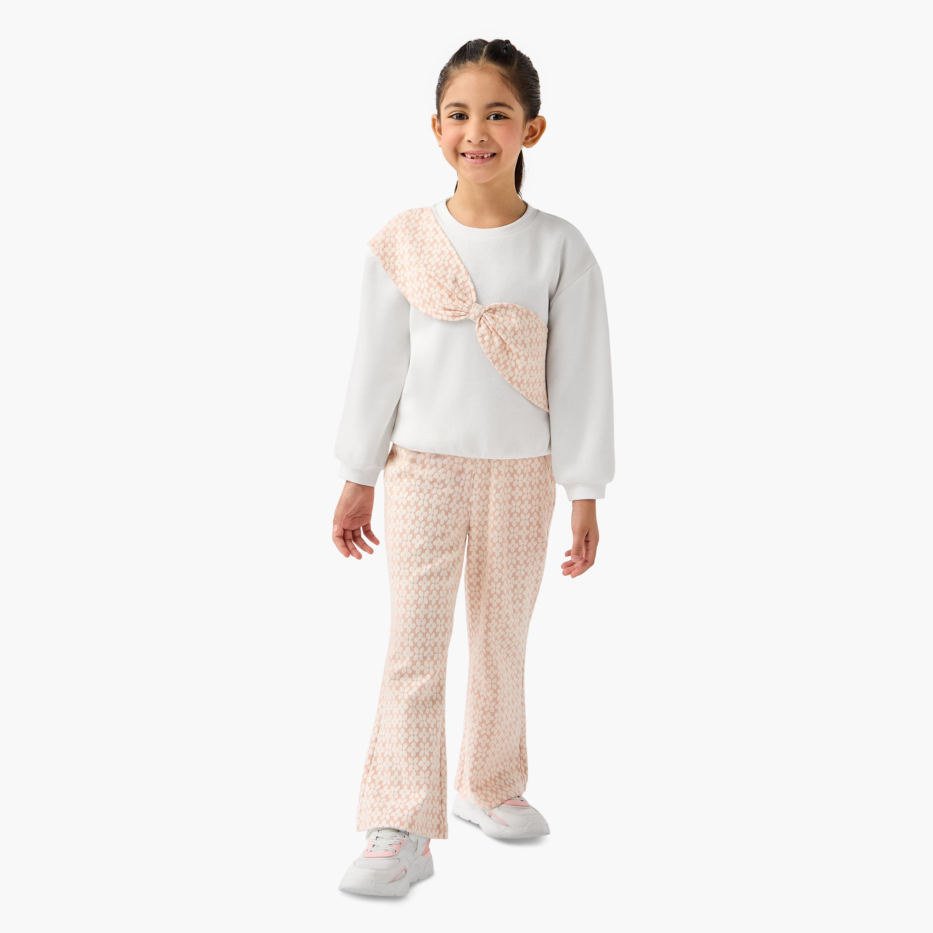 Juniors Printed Bow Detail Top and Pants Set