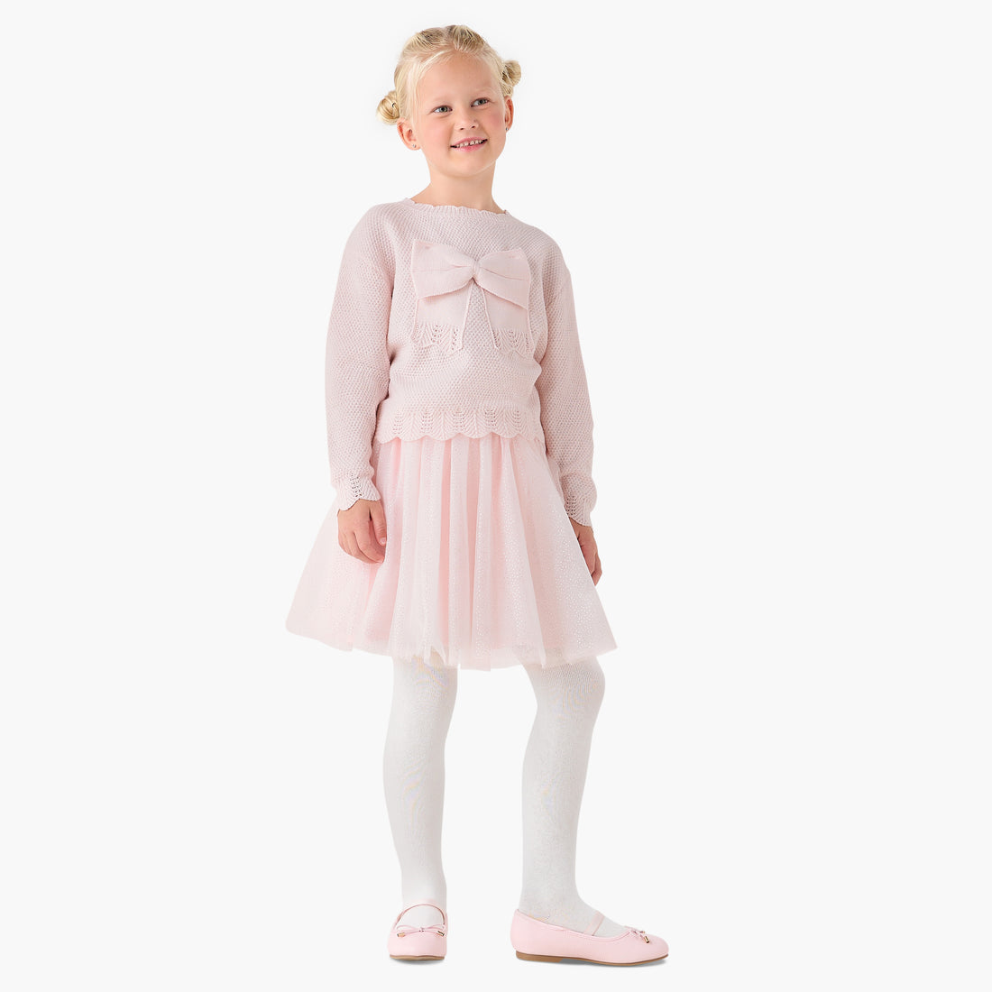 Juniors Girls Top and Skirt Set with Bow Detail - Polyester Blend - Long Sleeves - Crew Neck - Pink / 6-7 yrs