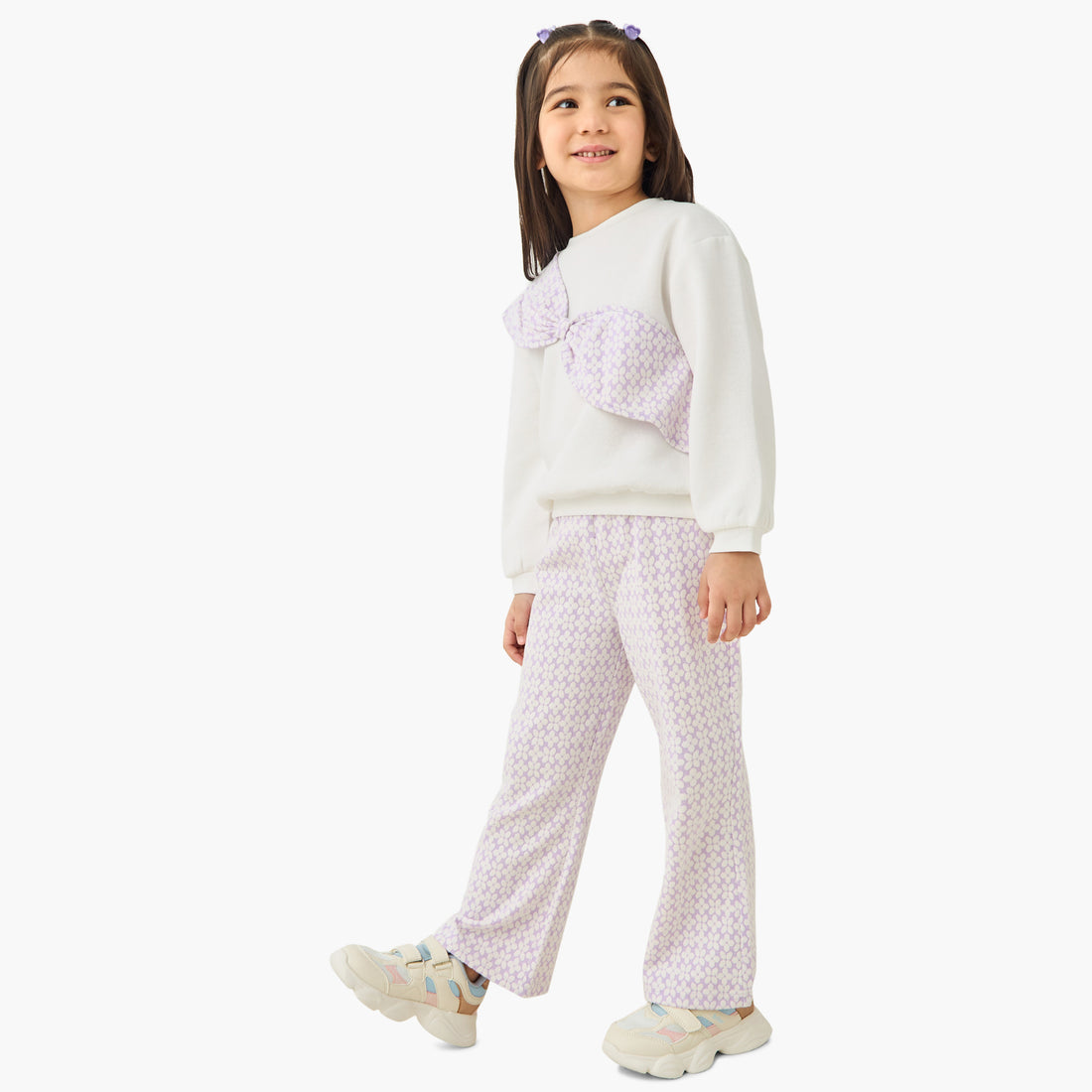 Juniors Printed Bow Detail Top and Pants Set - White / 7-8 yrs