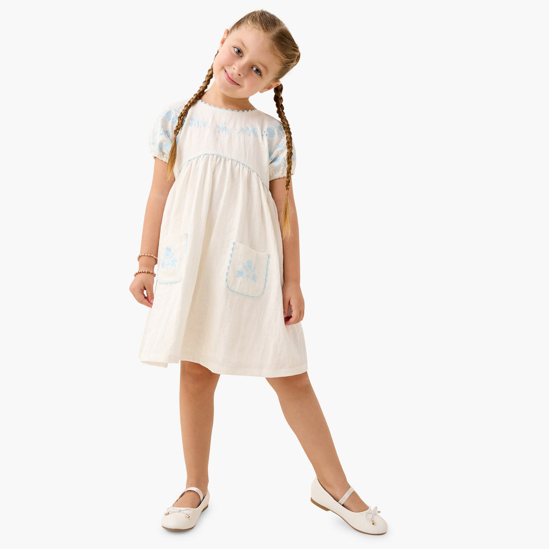 Eligo Embroidered Round Neck Dress with Pockets and Short Sleeves
