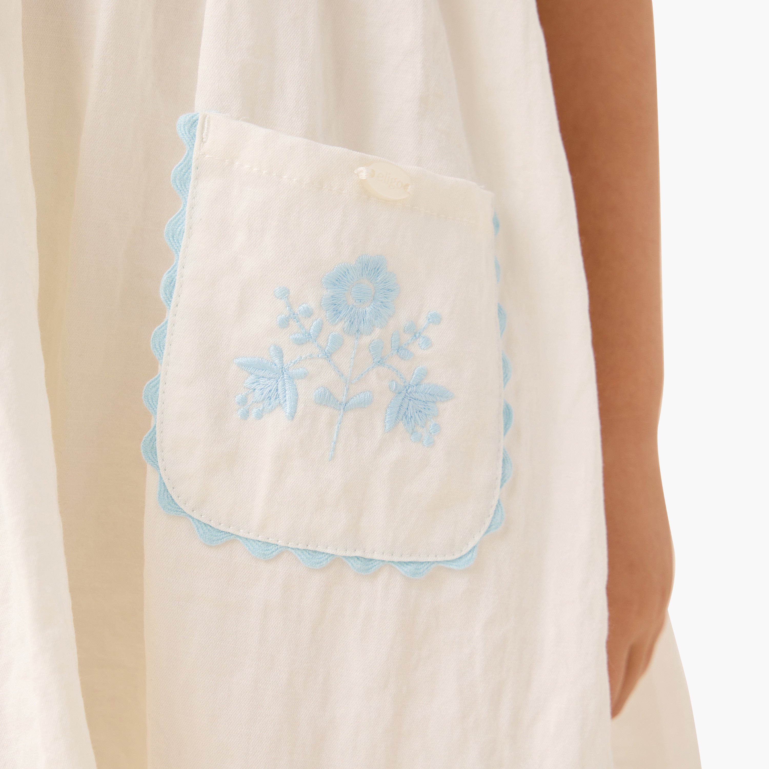 Eligo Embroidered Round Neck Dress with Pockets and Short Sleeves