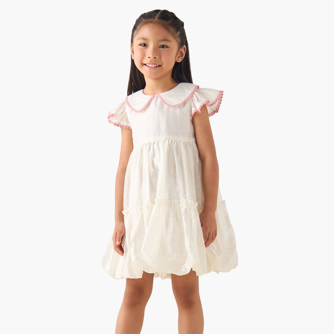 Eligo Peter Pan Collar Cap Sleeves Dress with Polka Dot Print - Cream / 6-7 yrs