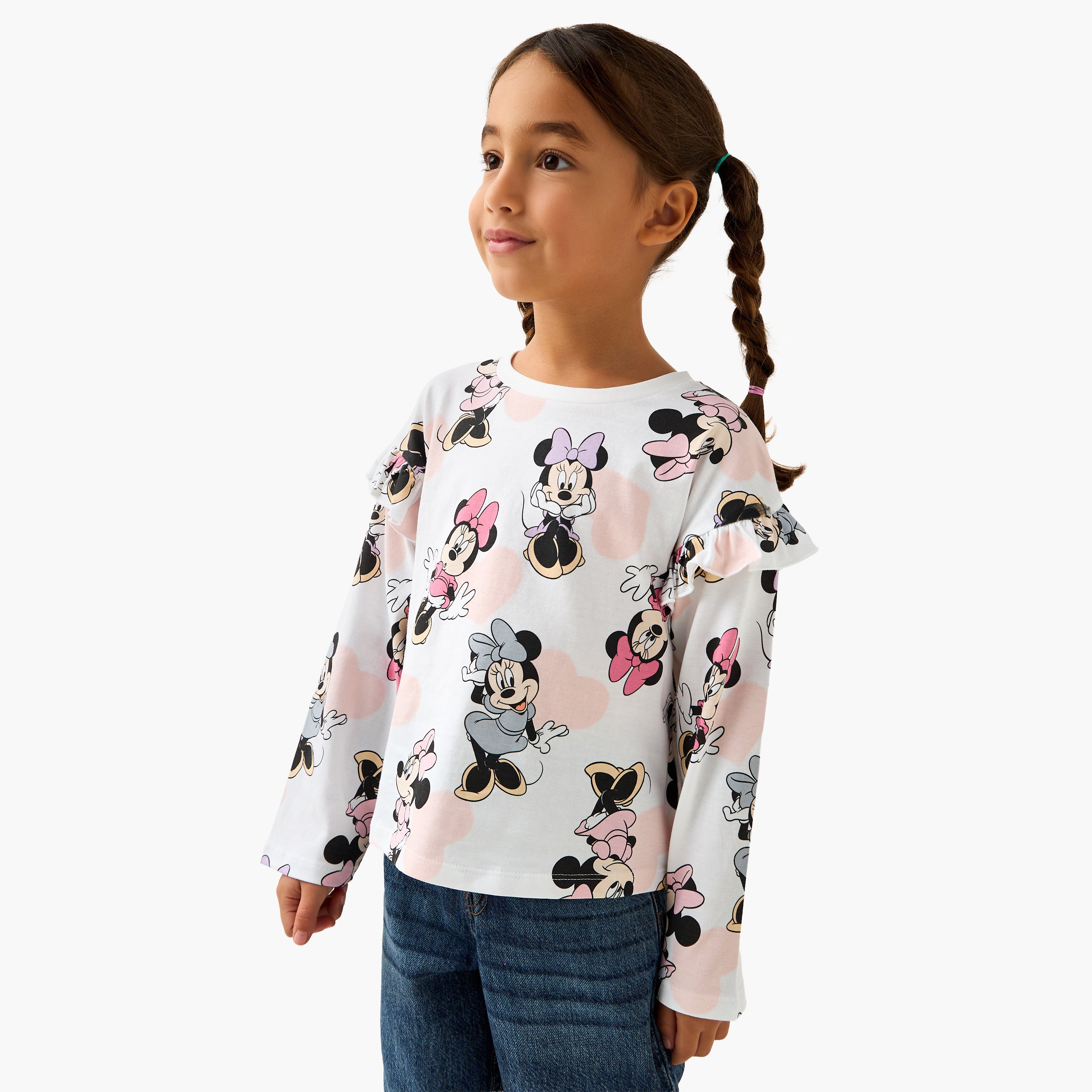 Disney Crew Neck Long Sleeves T-shirt with Minnie Mouse Print - White / 1-2 yrs
