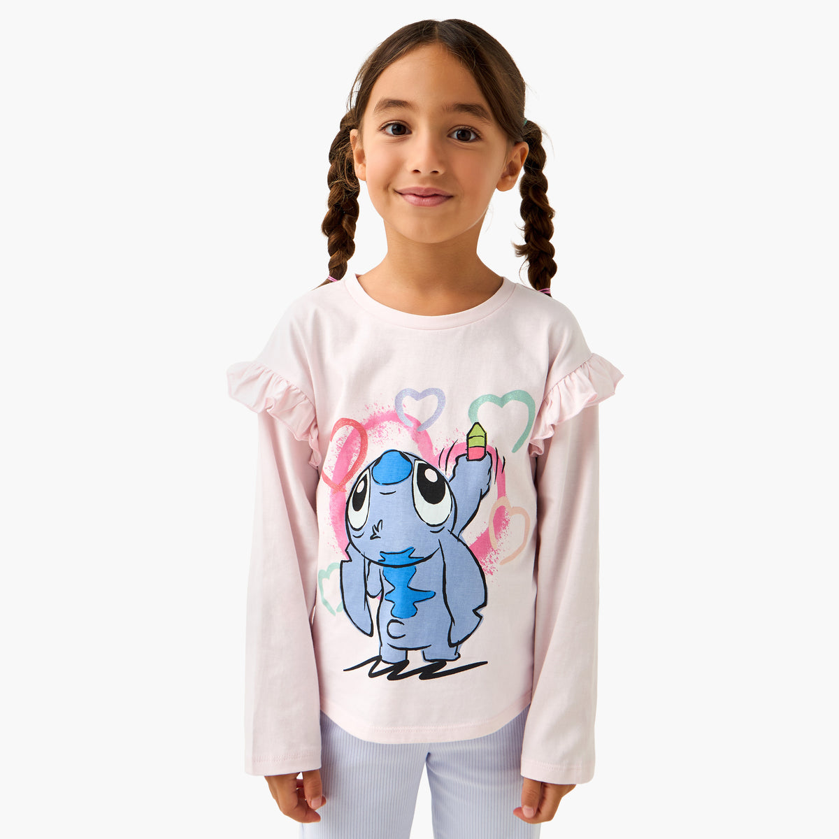 Disney Crew Neck Long Sleeve T-shirt with Stitch Print and Ruffle Detail