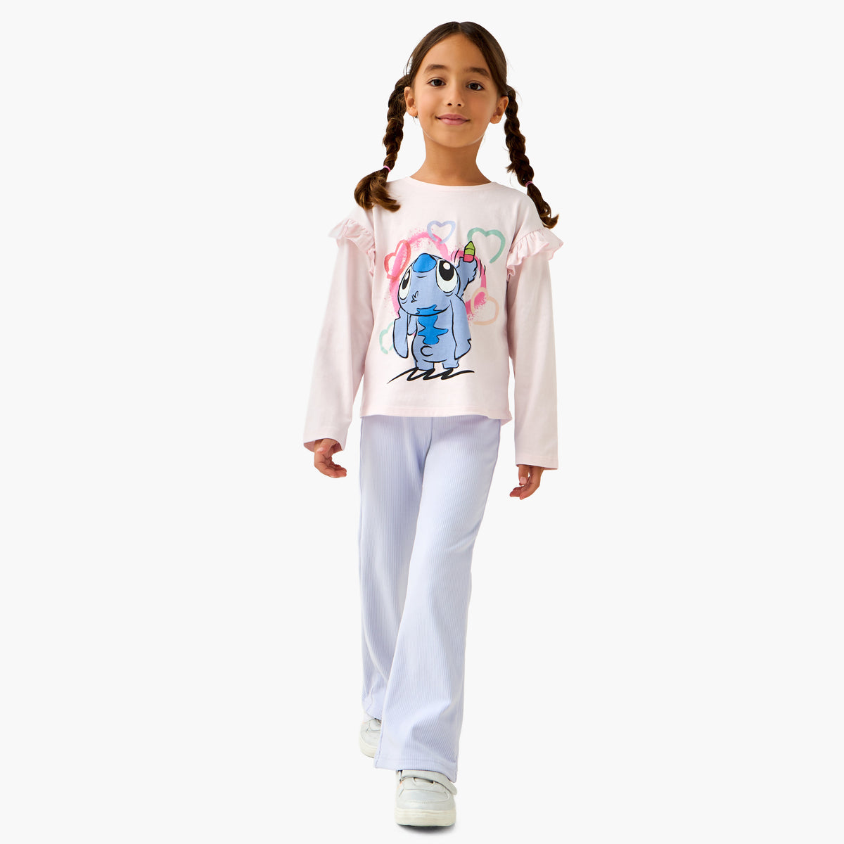 Disney Crew Neck Long Sleeve T-shirt with Stitch Print and Ruffle Detail