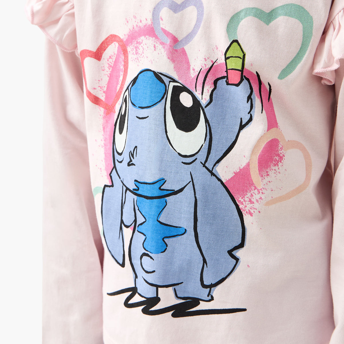 Disney Crew Neck Long Sleeve T-shirt with Stitch Print and Ruffle Detail