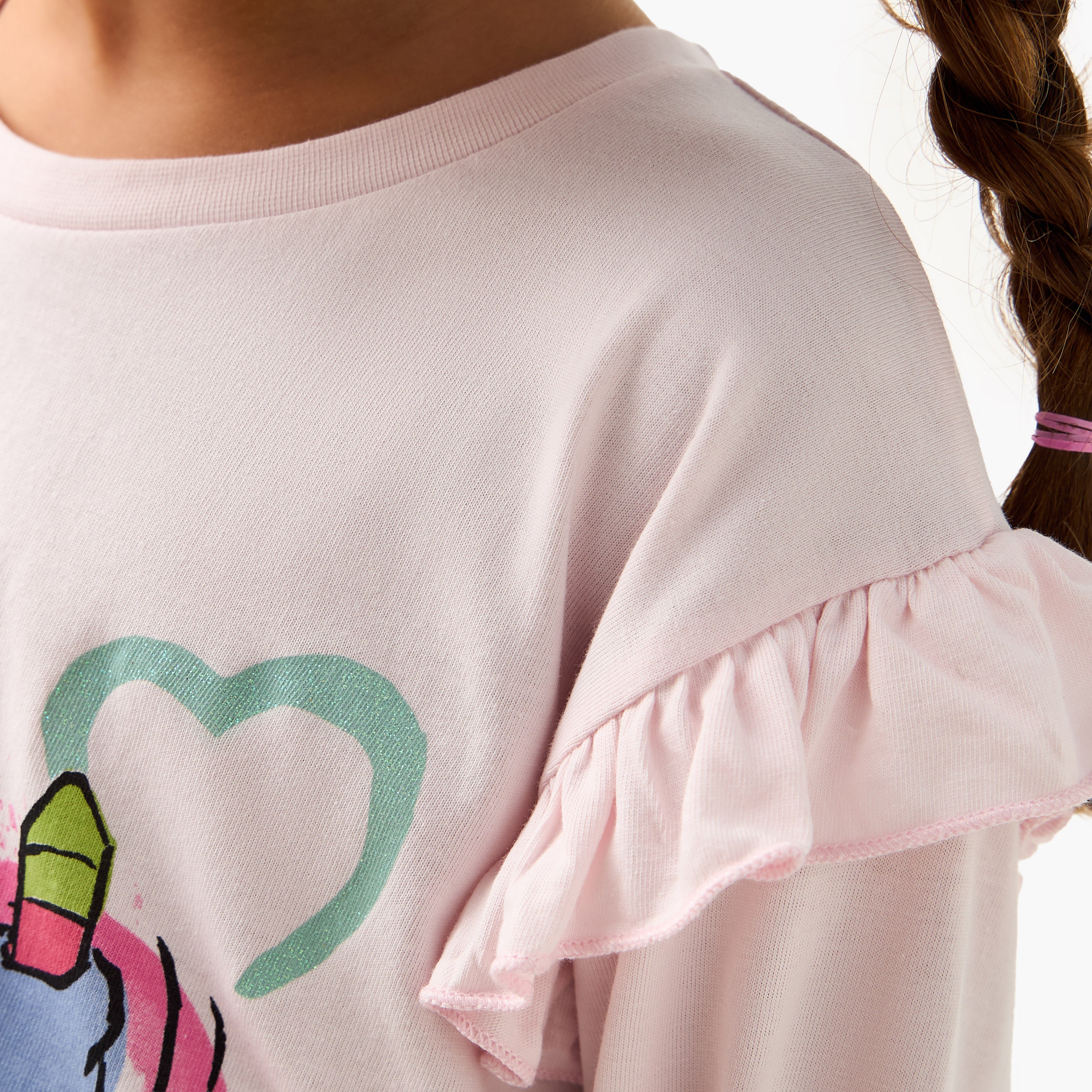 Disney Crew Neck Long Sleeve T-shirt with Stitch Print and Ruffle Detail