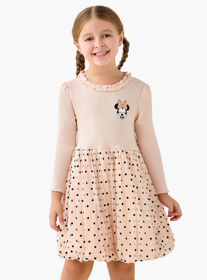 Disney Round Neck Long Sleeves Dress with Minnie Mouse and Polka Dot Print-girls-clothing-dressesandjumpsuits-image-1