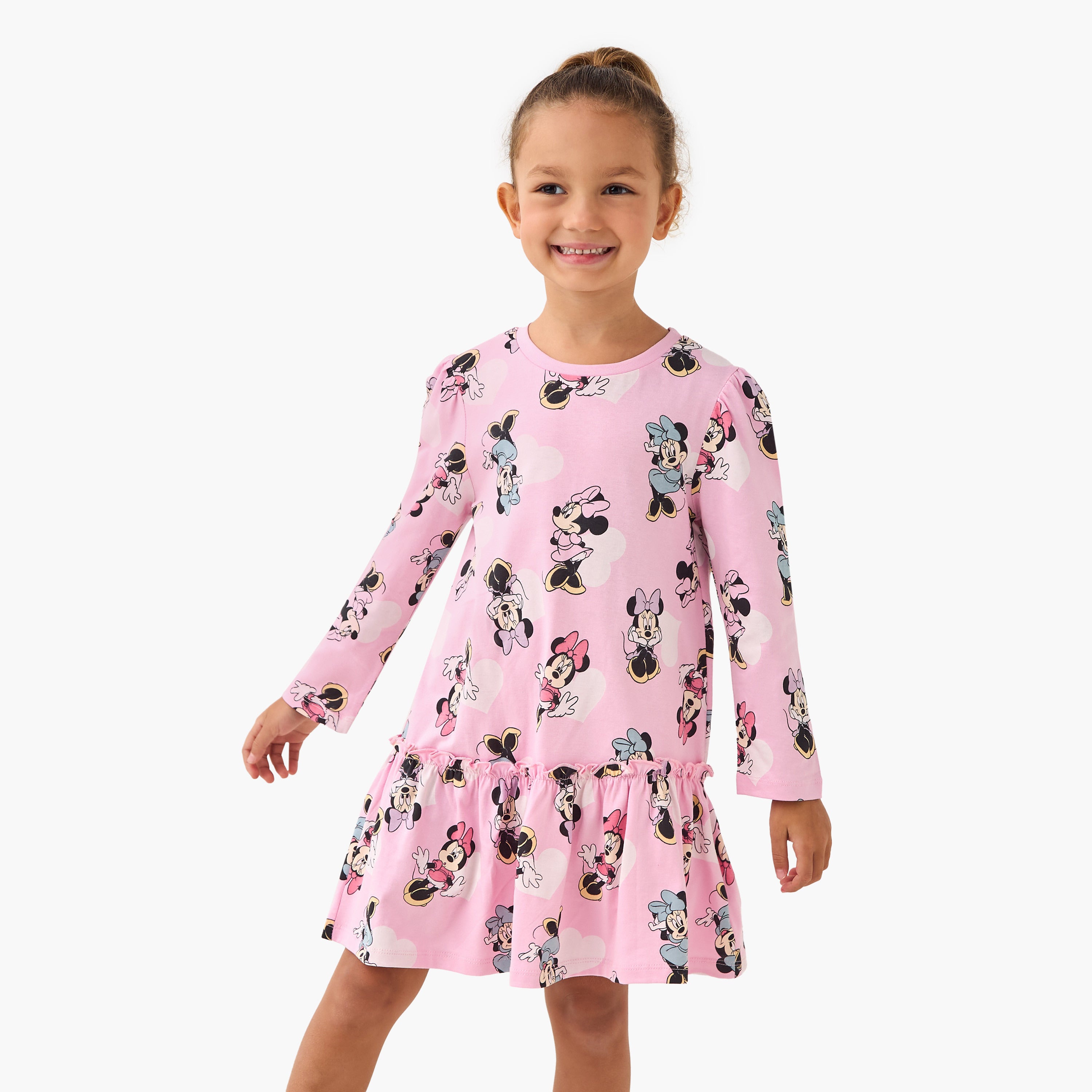 Disney Round Neck Long Sleeve Dress with Minnie Mouse Print - Pink / 5-6 yrs