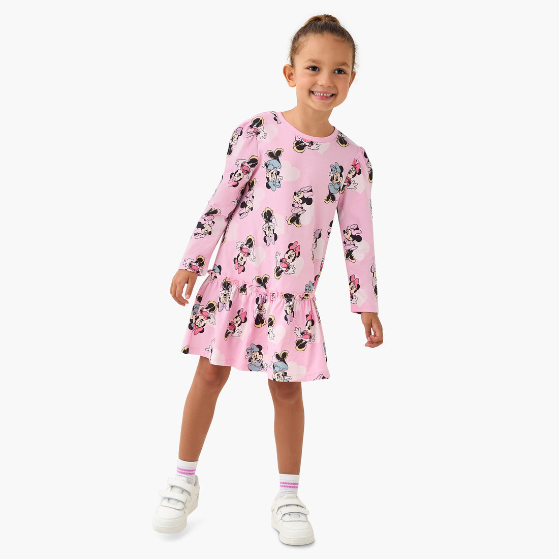 Disney Round Neck Long Sleeve Dress with Minnie Mouse Print