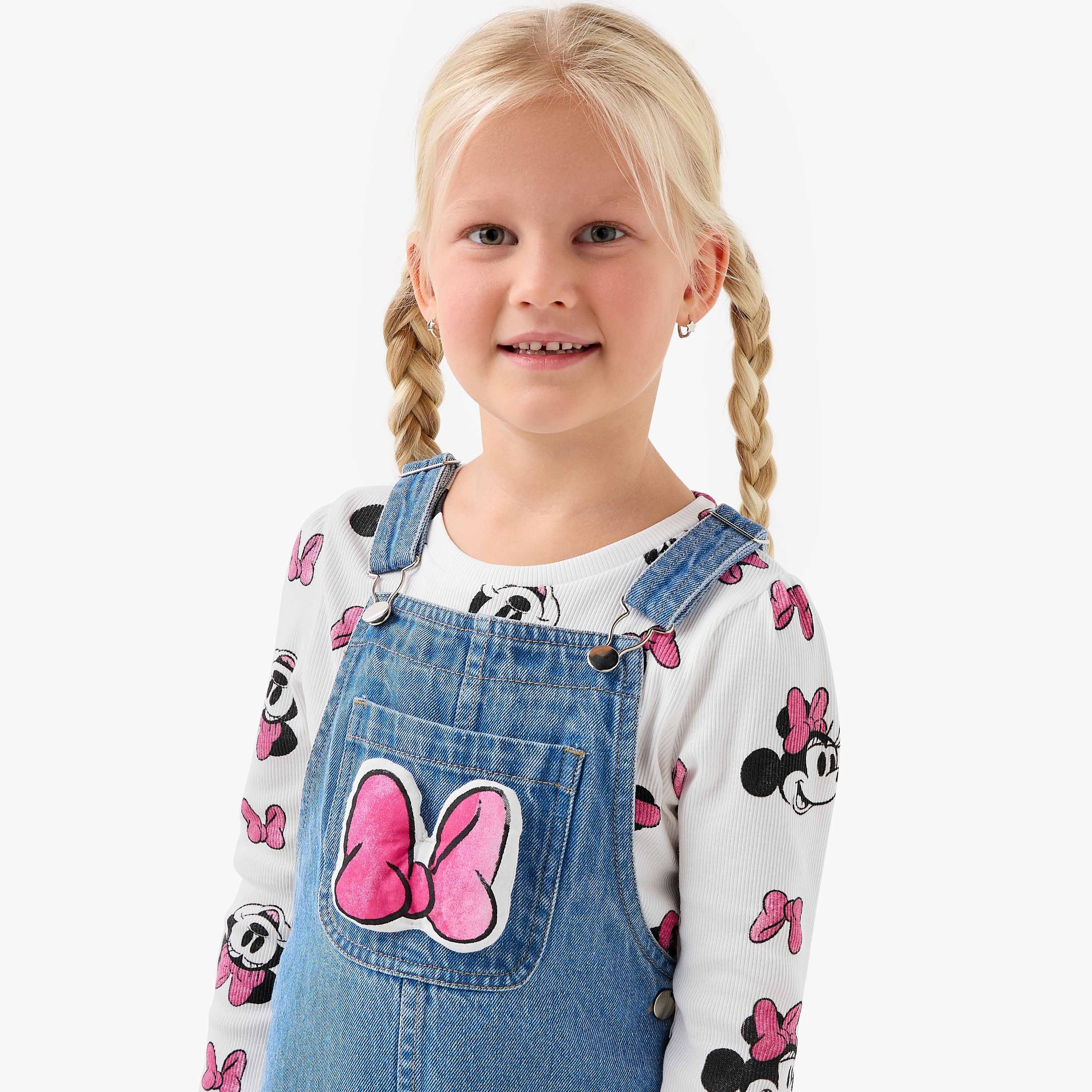 Disney Girls T-shirt and Dungaree Set with Minnie Mouse Print - Long Sleeves