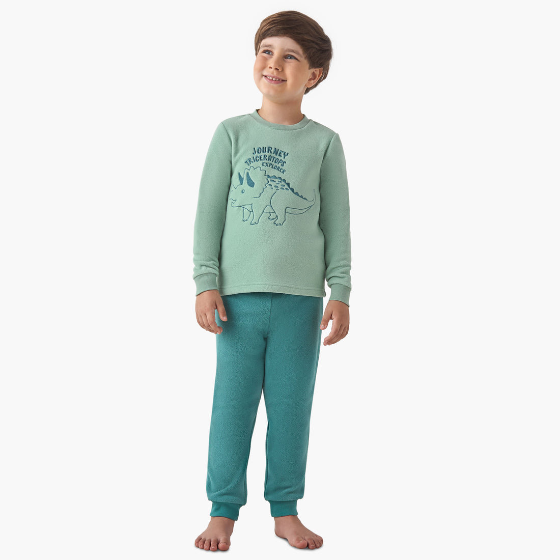 Juniors Boys Pyjama Set with Dinosaur Embroidery - Polyester - Long Sleeves - Crew Neck - Green / 4-5 yrs