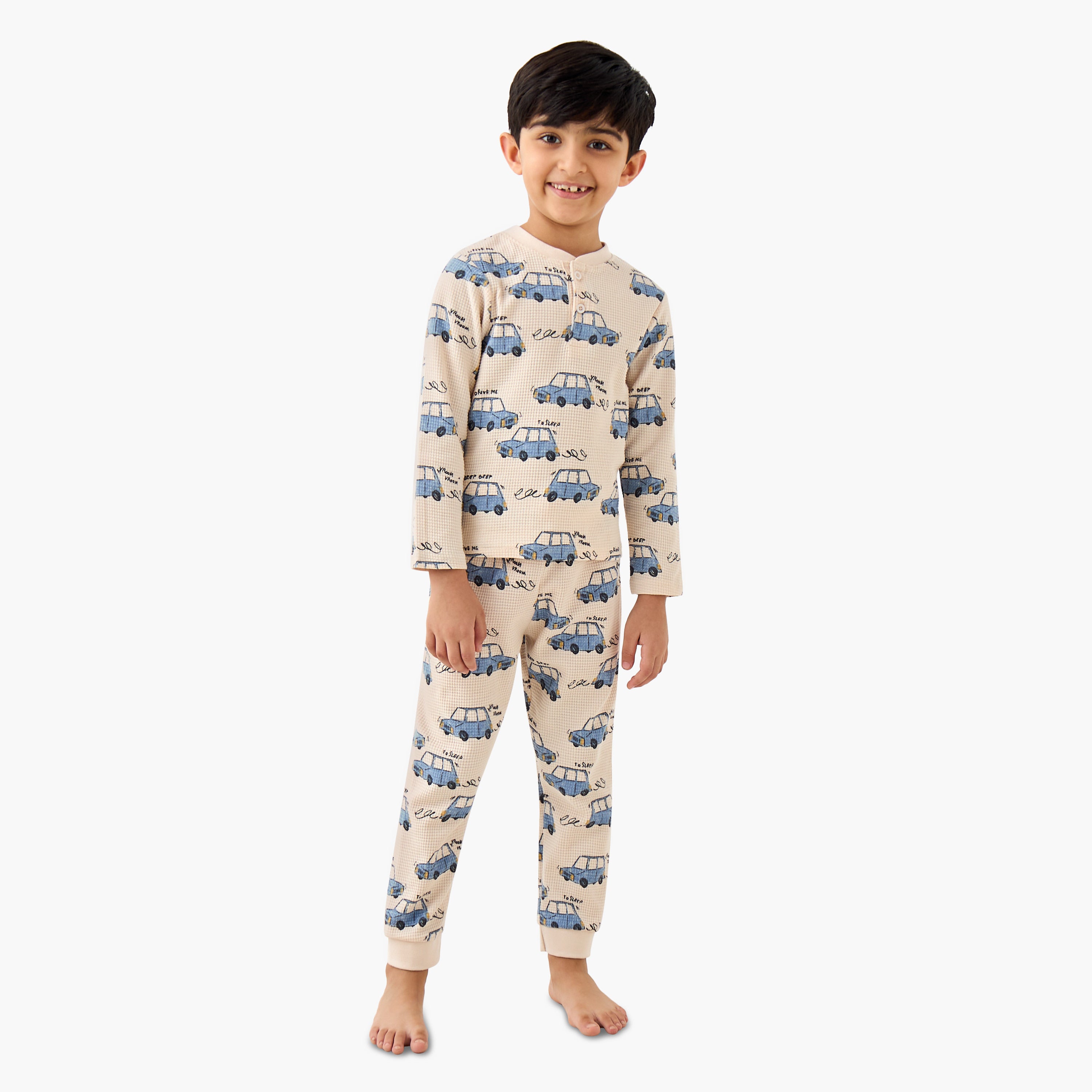Juniors Cotton Crew Neck Long Sleeves Pyjama Set with Bear Print