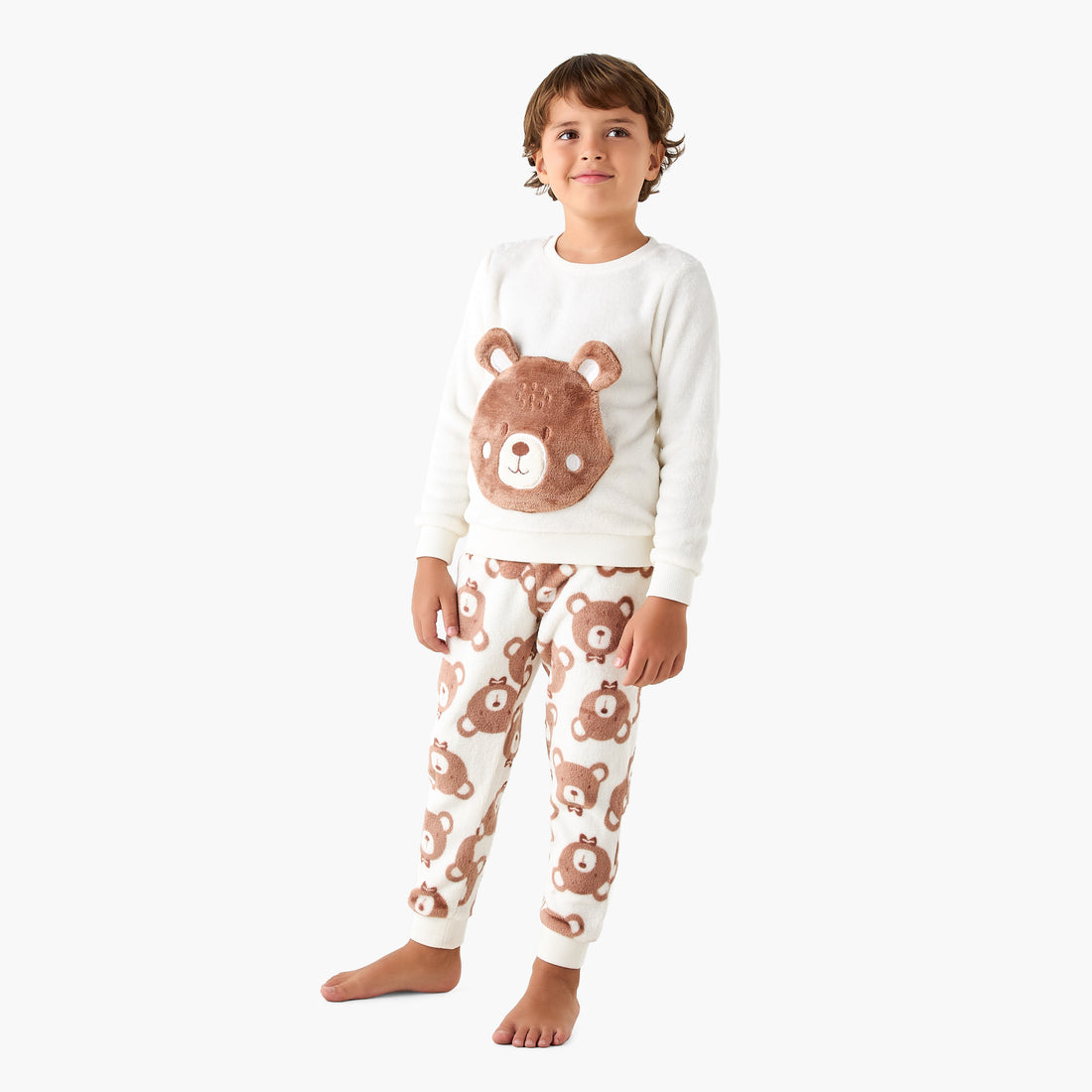 Juniors Bear Applique T-shirt and Pyjama Set - Cream / 6-7 yrs