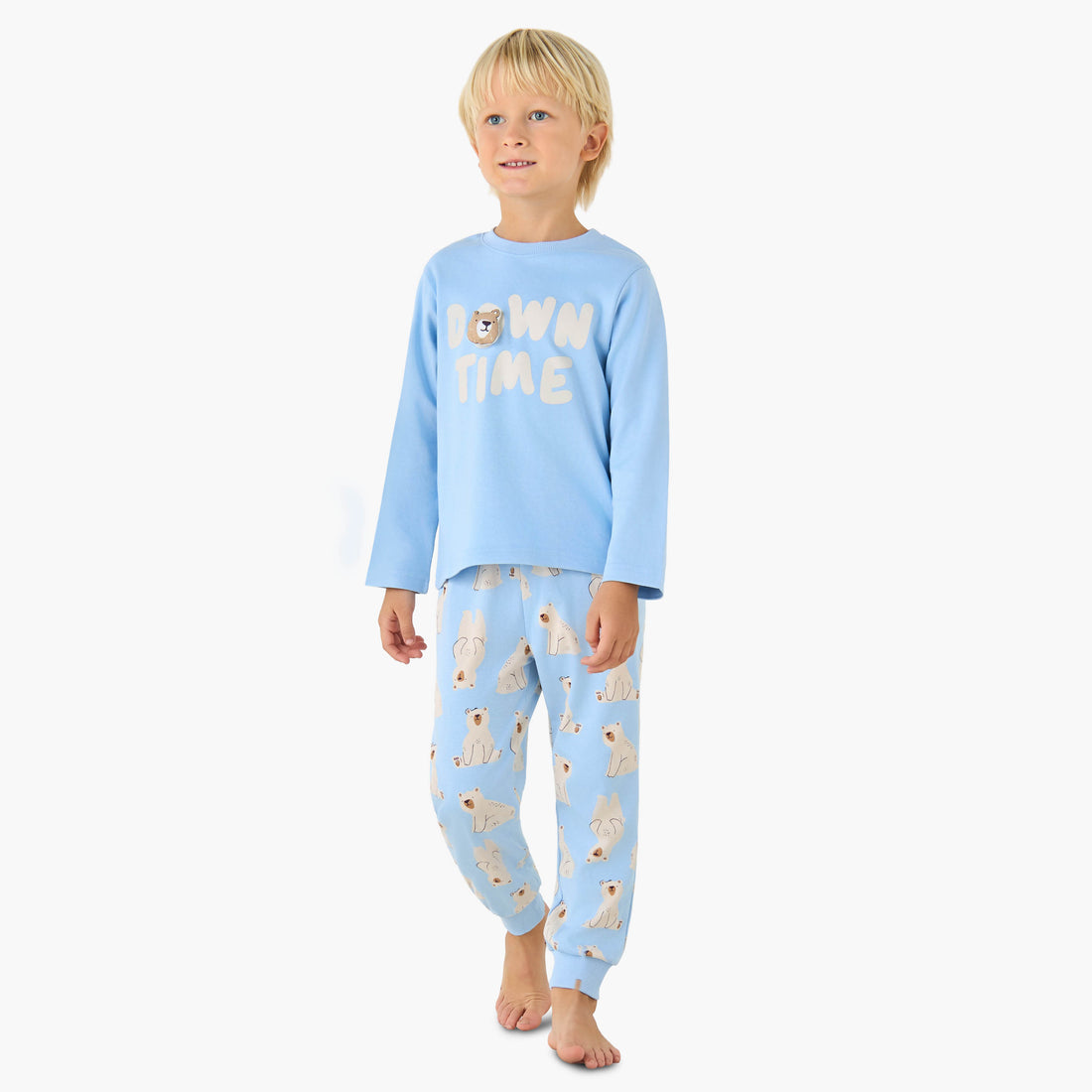 Juniors Cotton Crew Neck Long Sleeves Pyjama Set with Bear Print - Blue / 7-8 yrs