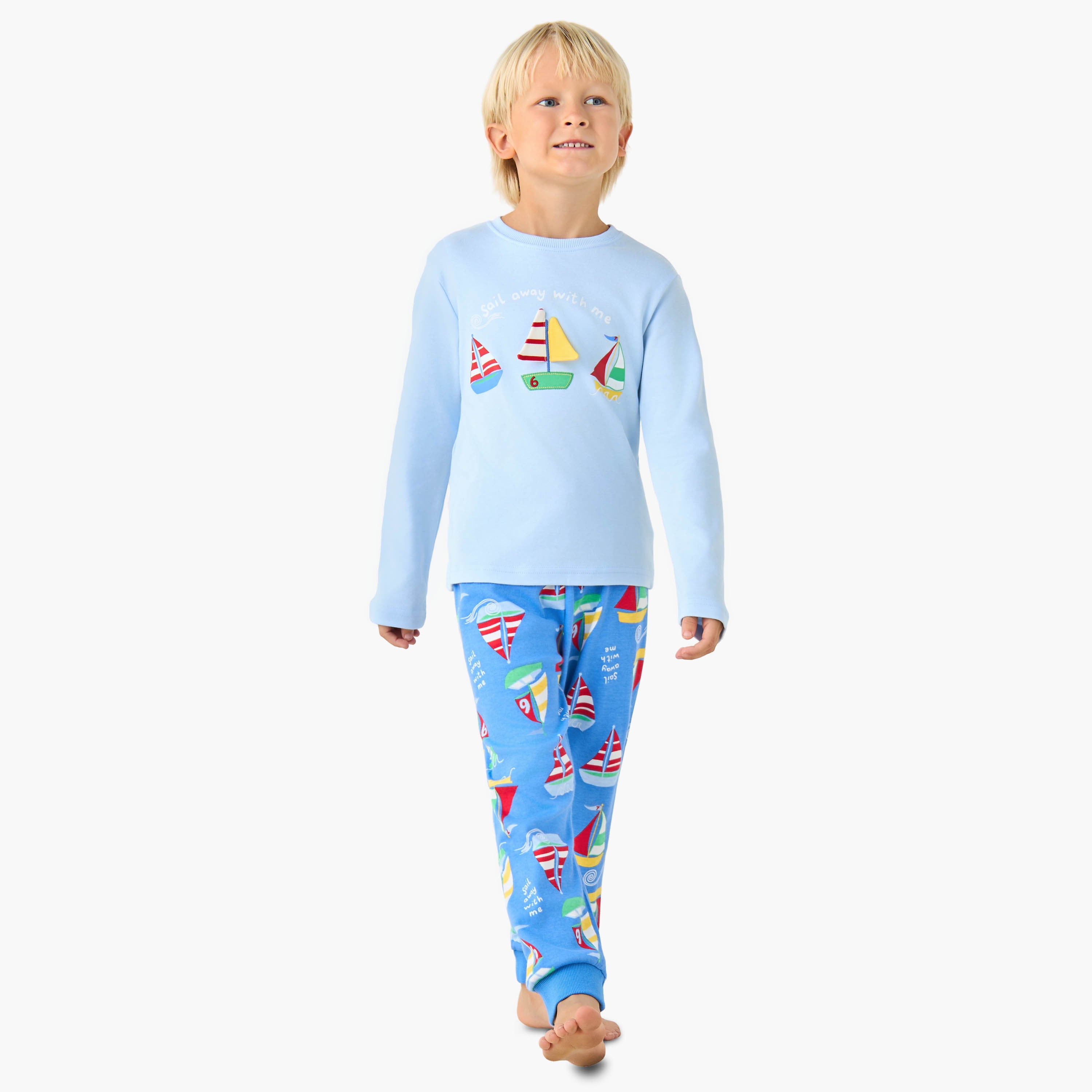 Juniors Cotton Crew Neck Long Sleeves Pyjama Set with Sailboat Print - Blue / 2-3 yrs